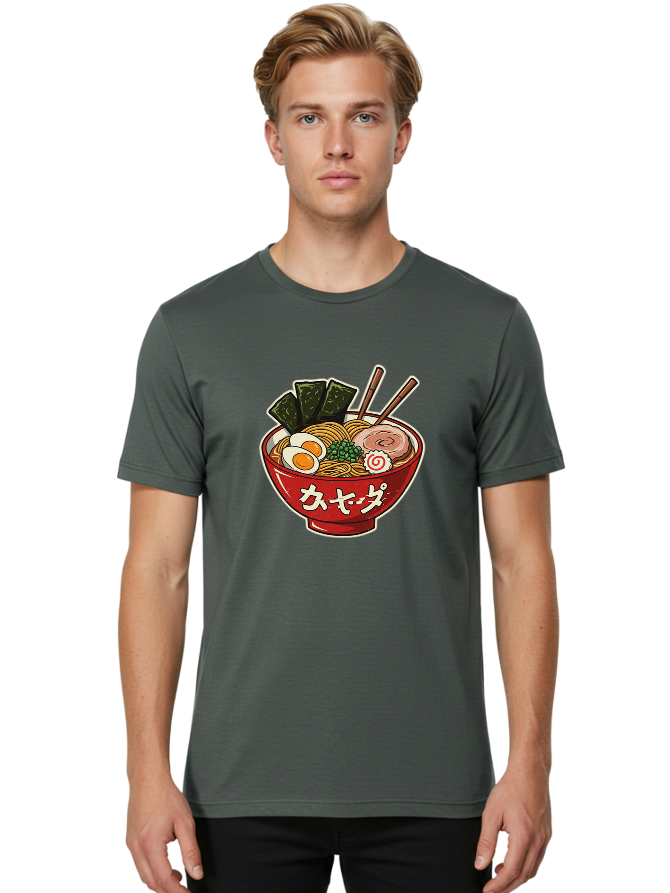 Ramen-4 Men'S Graphic Tee, 100% Cotton, Comfortable Casual Summer Wear, Machine Washable, Japanese Ramen, Noodle Soup, Boiled Egg, Green Peas, Seaweed, Sliced Pork, Chopsticks, Japanese Cuisine, Red Bowl, Katakana Script Bae701 28