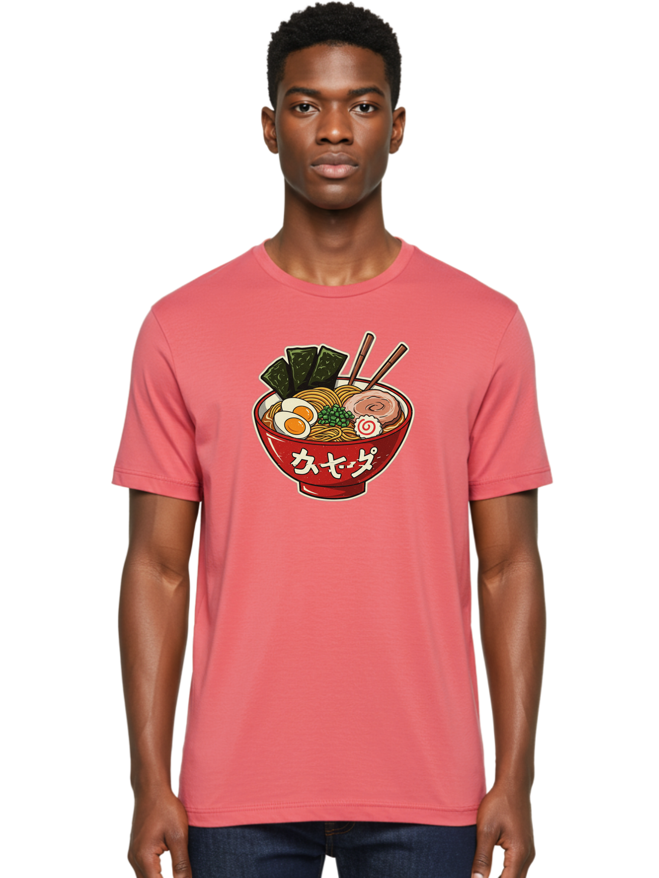 Ramen-4 Men'S Graphic Tee, 100% Cotton, Comfortable Casual Summer Wear, Machine Washable, Japanese Ramen, Noodle Soup, Boiled Egg, Green Peas, Seaweed, Sliced Pork, Chopsticks, Japanese Cuisine, Red Bowl, Katakana Script Bae701 24