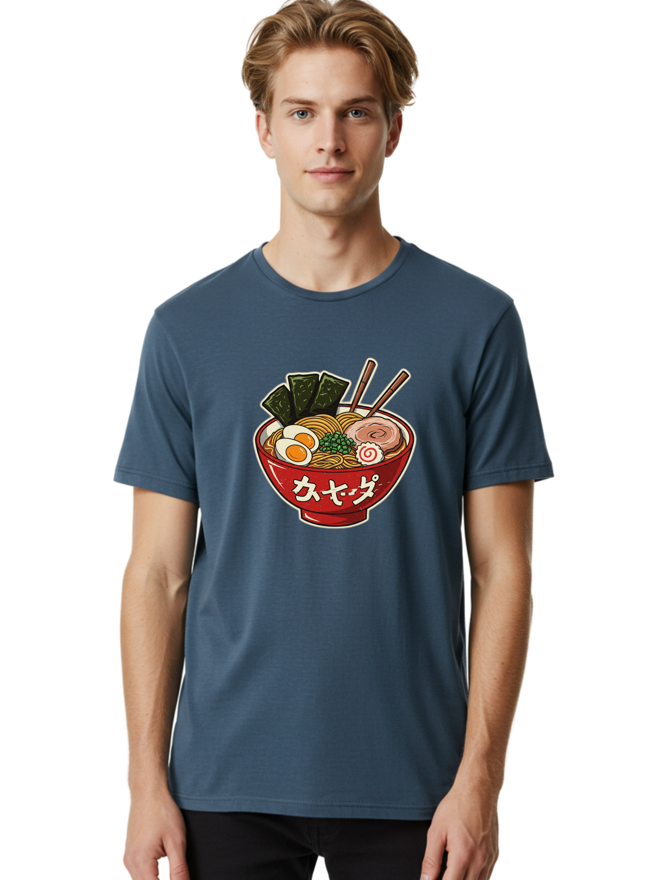 Ramen-4 Men'S Graphic Tee, 100% Cotton, Comfortable Casual Summer Wear, Machine Washable, Japanese Ramen, Noodle Soup, Boiled Egg, Green Peas, Seaweed, Sliced Pork, Chopsticks, Japanese Cuisine, Red Bowl, Katakana Script Bae701 25