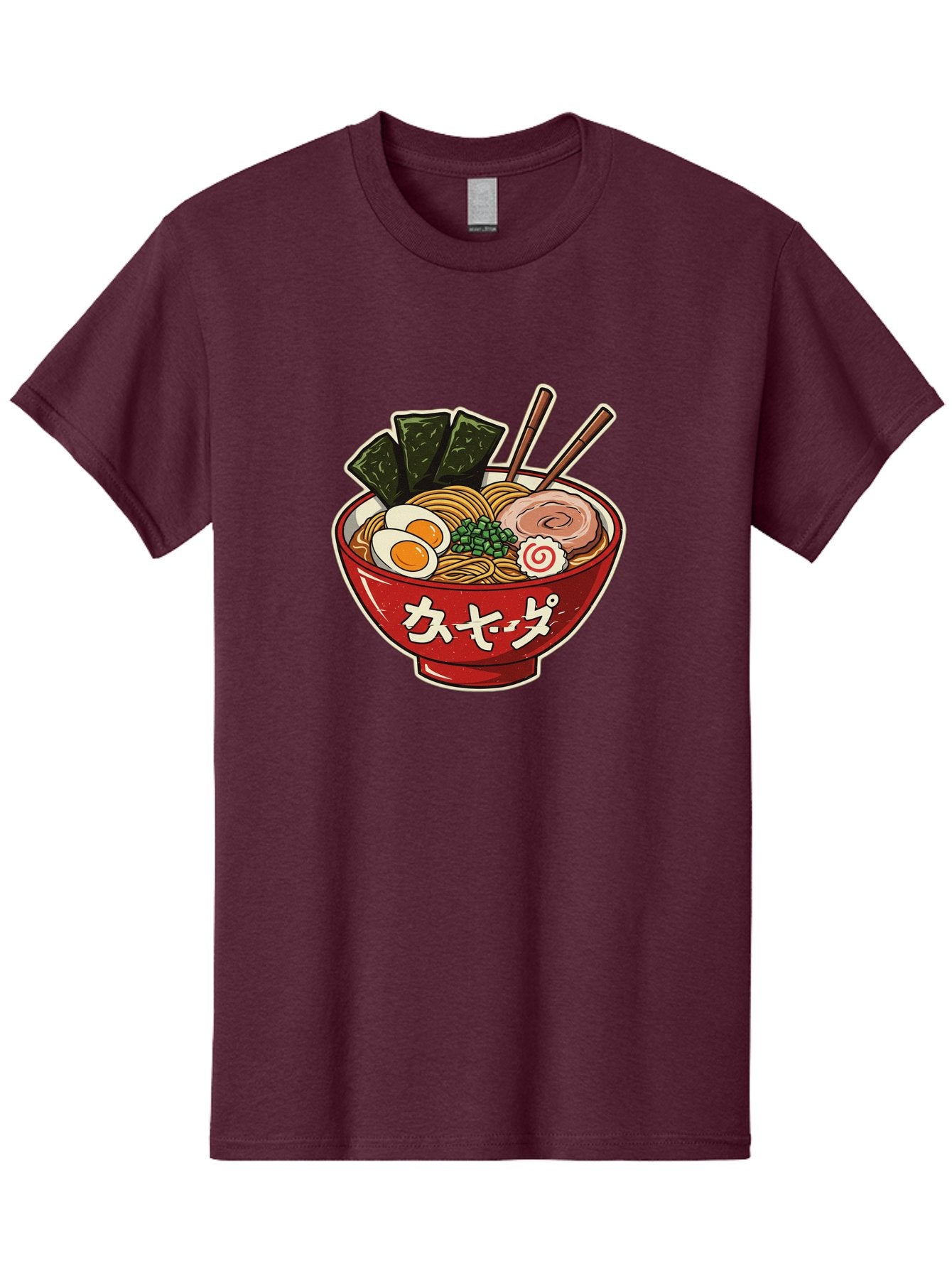 Ramen-4 Men'S Graphic Tee, 100% Cotton, Comfortable Casual Summer Wear, Machine Washable, Japanese Ramen, Noodle Soup, Boiled Egg, Green Peas, Seaweed, Sliced Pork, Chopsticks, Japanese Cuisine, Red Bowl, Katakana Script Bae701 15