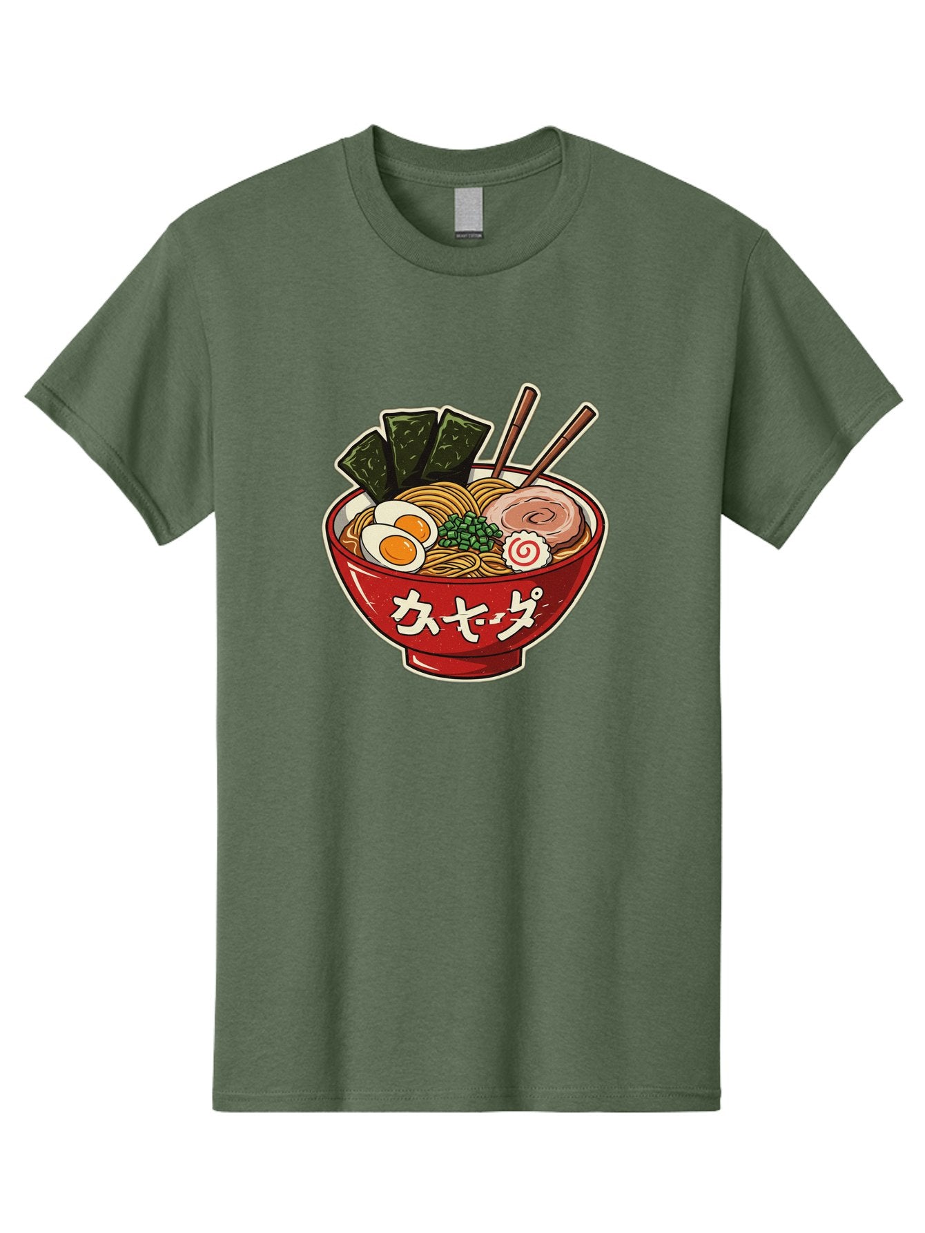 Ramen-4 Men'S Graphic Tee, 100% Cotton, Comfortable Casual Summer Wear, Machine Washable, Japanese Ramen, Noodle Soup, Boiled Egg, Green Peas, Seaweed, Sliced Pork, Chopsticks, Japanese Cuisine, Red Bowl, Katakana Script Bae701 11