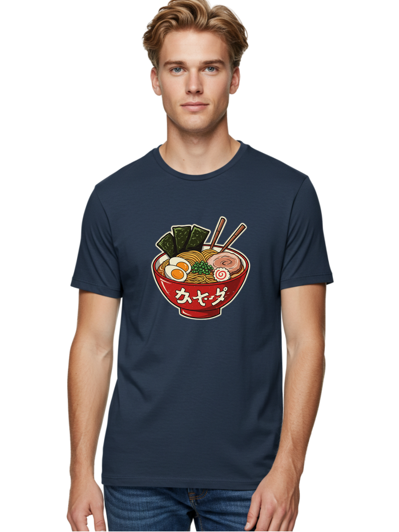 Ramen-4 Men'S Graphic Tee, 100% Cotton, Comfortable Casual Summer Wear, Machine Washable, Japanese Ramen, Noodle Soup, Boiled Egg, Green Peas, Seaweed, Sliced Pork, Chopsticks, Japanese Cuisine, Red Bowl, Katakana Script Bae701 20