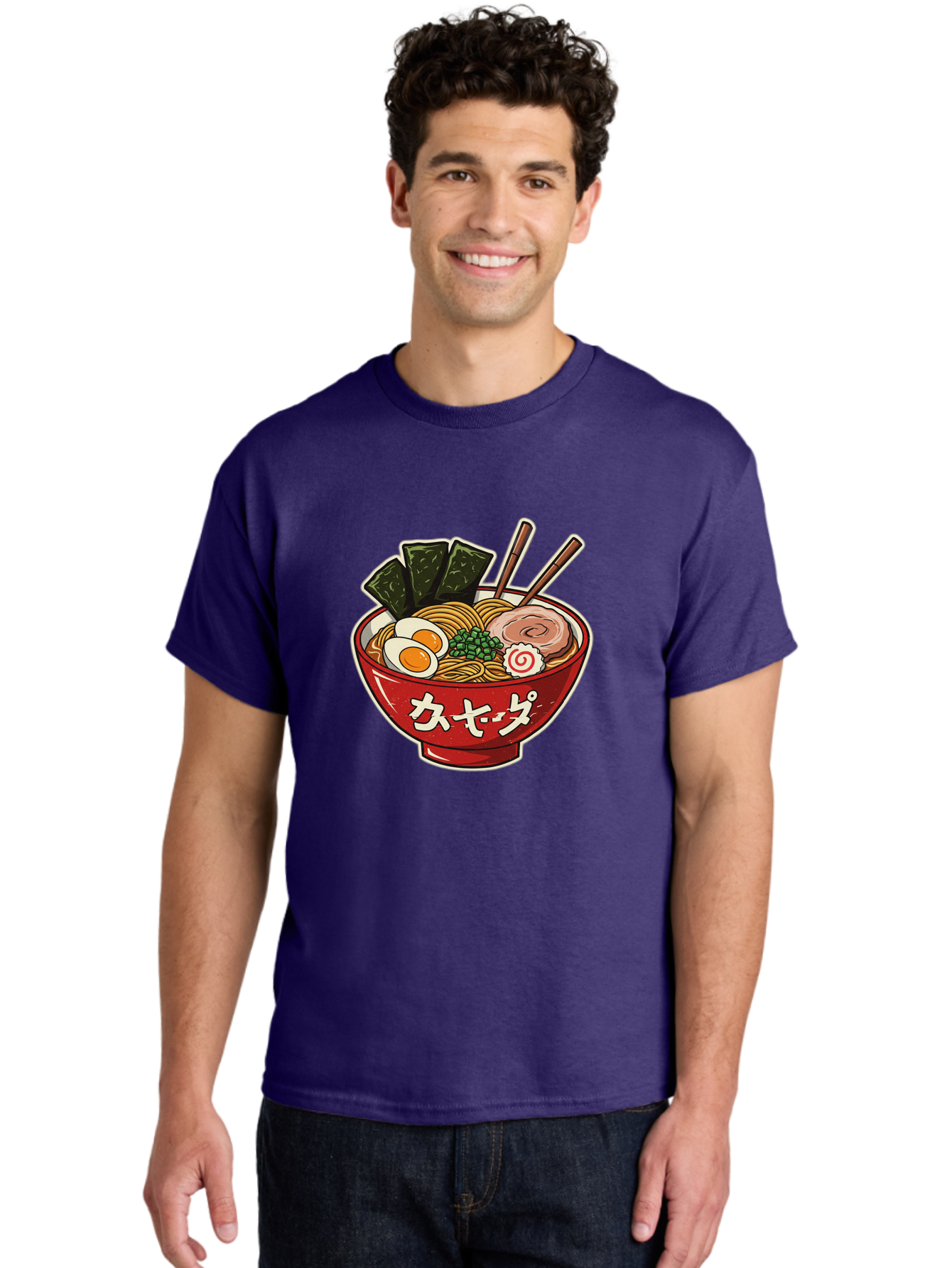 Ramen-4 Men'S Graphic Tee, 100% Cotton, Comfortable Casual Summer Wear, Machine Washable, Japanese Ramen, Noodle Soup, Boiled Egg, Green Peas, Seaweed, Sliced Pork, Chopsticks, Japanese Cuisine, Red Bowl, Katakana Script Bae701 23