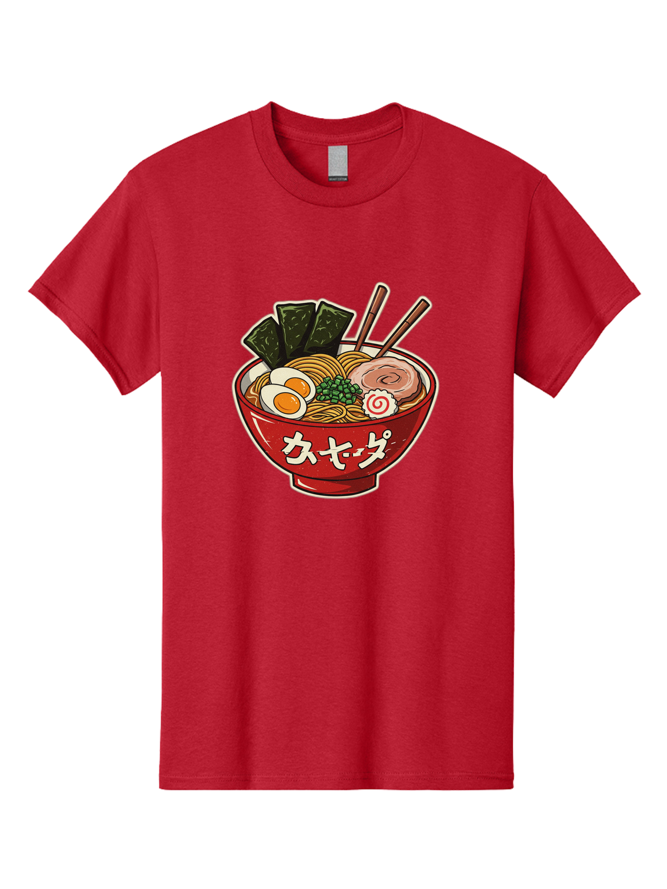 Ramen-4 Men'S Graphic Tee, 100% Cotton, Comfortable Casual Summer Wear, Machine Washable, Japanese Ramen, Noodle Soup, Boiled Egg, Green Peas, Seaweed, Sliced Pork, Chopsticks, Japanese Cuisine, Red Bowl, Katakana Script Bae701 14