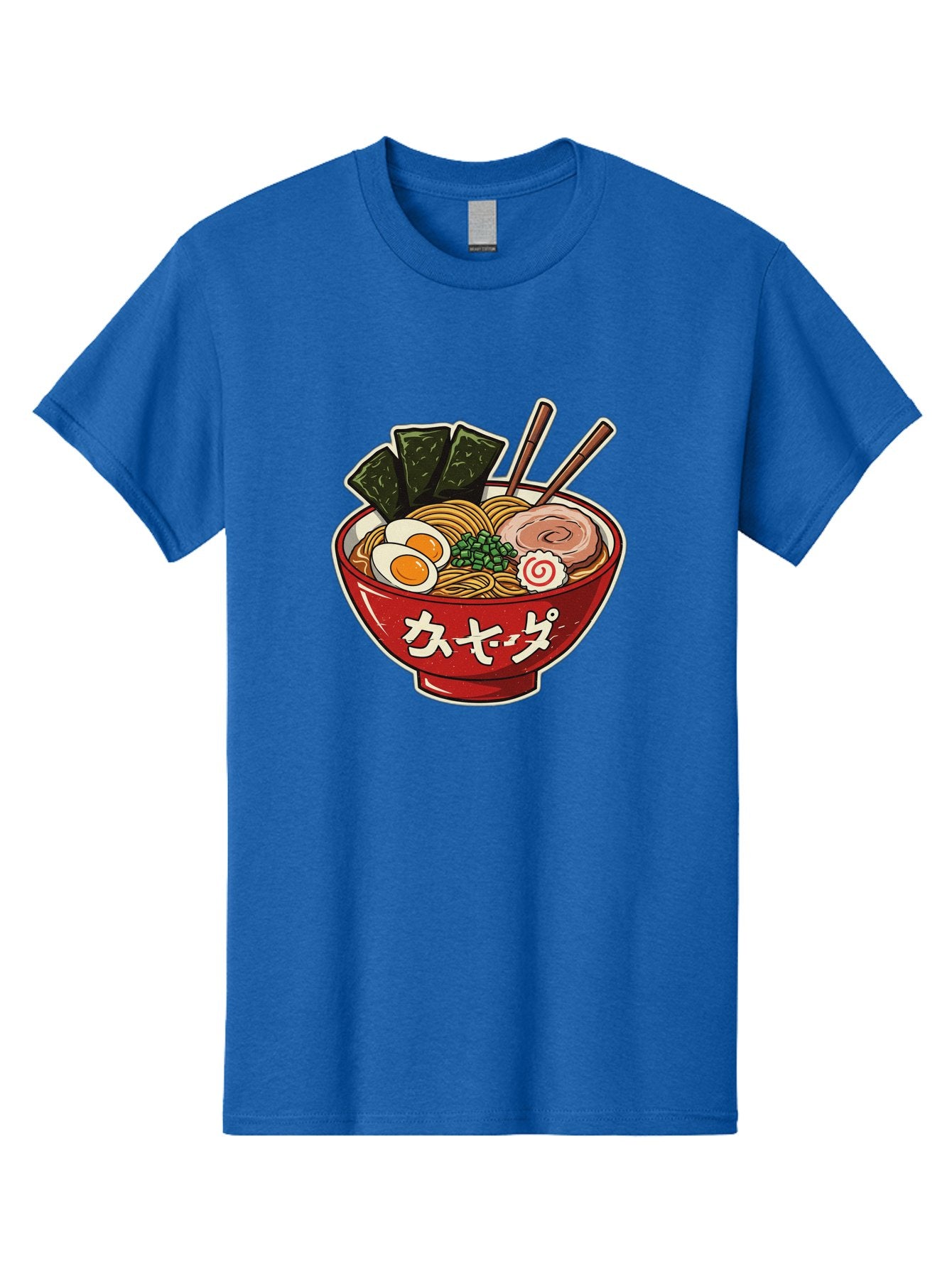 Ramen-4 Men'S Graphic Tee, 100% Cotton, Comfortable Casual Summer Wear, Machine Washable, Japanese Ramen, Noodle Soup, Boiled Egg, Green Peas, Seaweed, Sliced Pork, Chopsticks, Japanese Cuisine, Red Bowl, Katakana Script Bae701