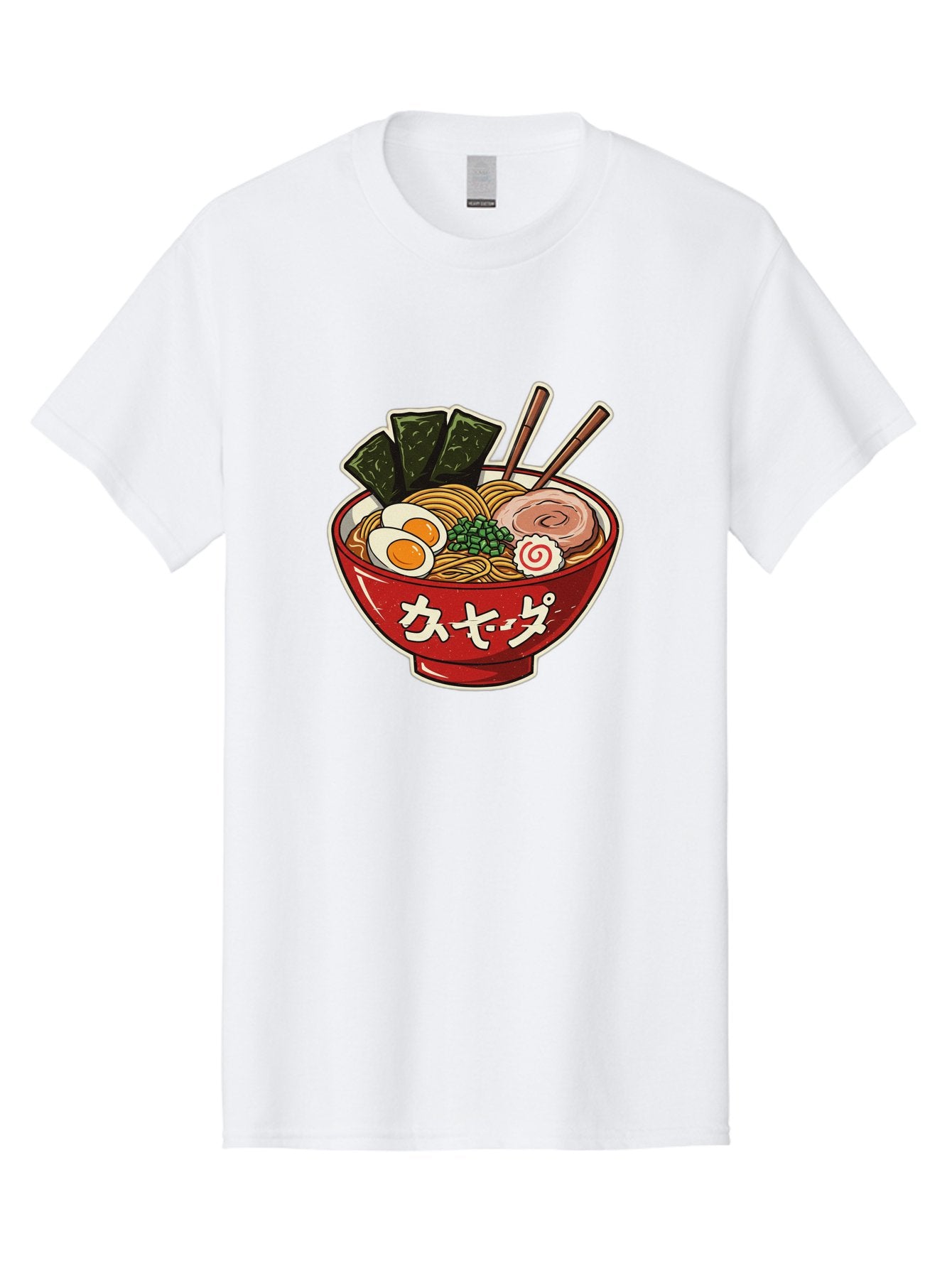 Ramen-4 Men'S Graphic Tee, 100% Cotton, Comfortable Casual Summer Wear, Machine Washable, Japanese Ramen, Noodle Soup, Boiled Egg, Green Peas, Seaweed, Sliced Pork, Chopsticks, Japanese Cuisine, Red Bowl, Katakana Script Bae701 8