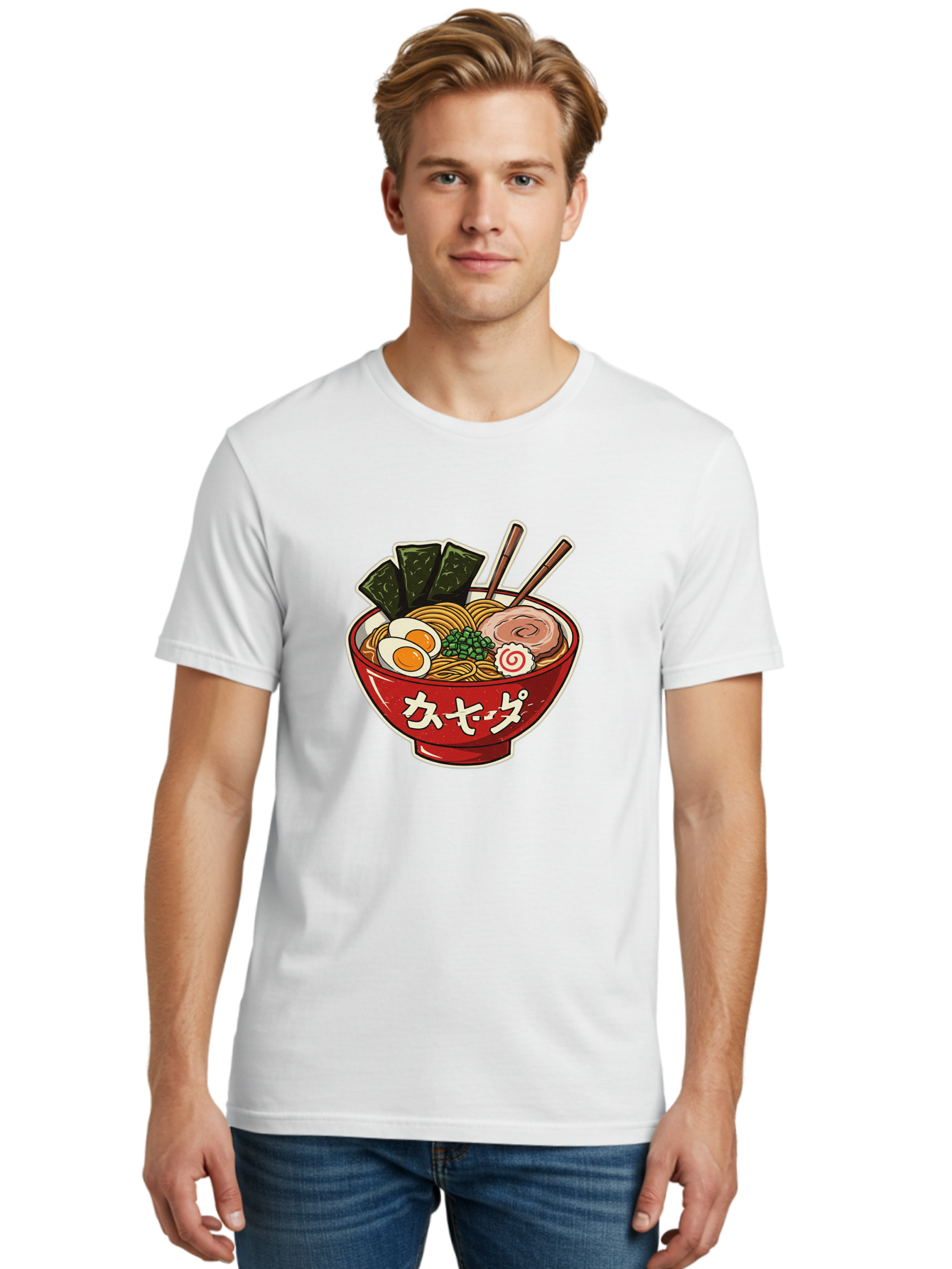 Ramen-4 Men'S Graphic Tee, 100% Cotton, Comfortable Casual Summer Wear, Machine Washable, Japanese Ramen, Noodle Soup, Boiled Egg, Green Peas, Seaweed, Sliced Pork, Chopsticks, Japanese Cuisine, Red Bowl, Katakana Script Bae701 21