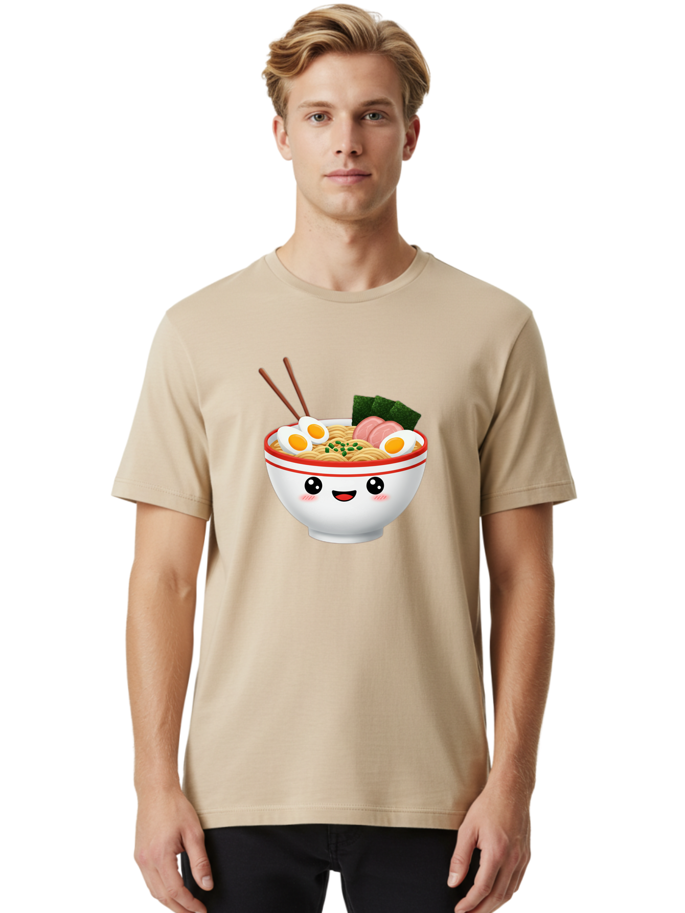 Ramen-Bowl-1 Men'S Graphic Tee, 100% Cotton, Comfortable Casual Summer Wear, Machine Washable, Cartoon Ramen Bowl, Steaming Hot Ramen, Boiled Egg, Sliced Ham, Seaweed, Chopsticks, Kawaii Food, Japanese Cuisine, Noodle Soup, Anime Style, Bae706 17