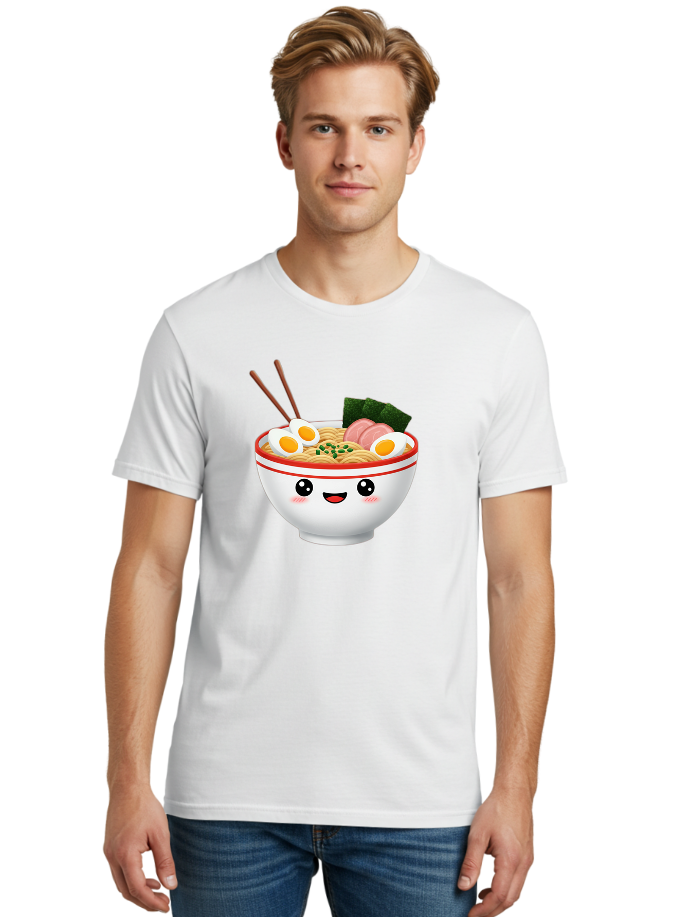 Ramen-Bowl-1 Men'S Graphic Tee, 100% Cotton, Comfortable Casual Summer Wear, Machine Washable, Cartoon Ramen Bowl, Steaming Hot Ramen, Boiled Egg, Sliced Ham, Seaweed, Chopsticks, Kawaii Food, Japanese Cuisine, Noodle Soup, Anime Style, Bae706 16