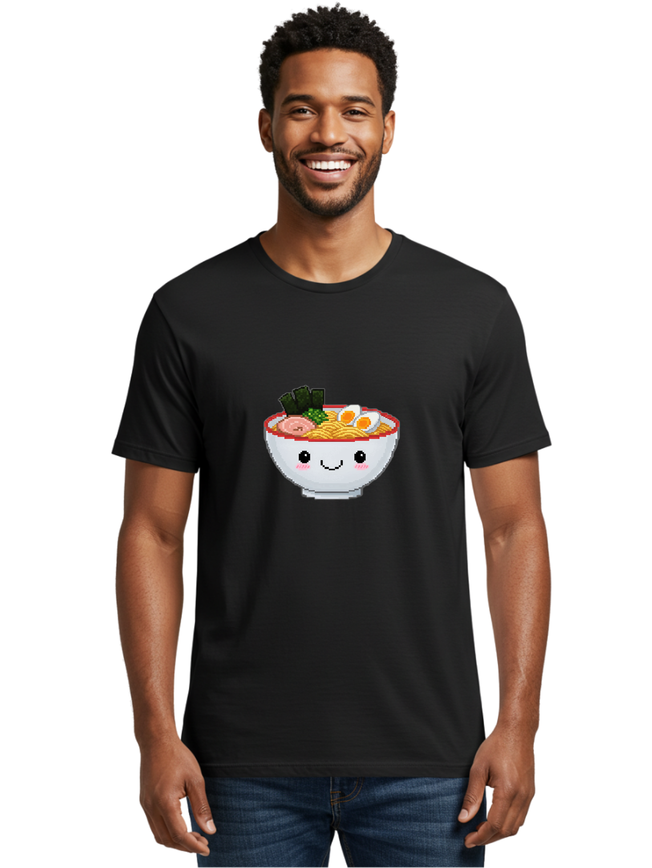 Ramen-Bowl-2 Men'S Graphic Tee, 100% Cotton, Comfortable Casual Summer Wear, Machine Washable, Delicious Ramen, Kawaii Food, Cartoon Noodle Bowl, Tasty Meal, Sliced Egg, Seaweed, Pink Ham, Smiling Bowl, Pixel Art, Noodle Soup Bae707 24
