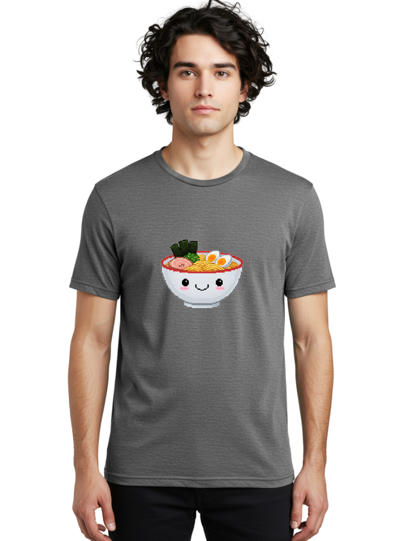 Ramen-Bowl-2 Men'S Graphic Tee, 100% Cotton, Comfortable Casual Summer Wear, Machine Washable, Delicious Ramen, Kawaii Food, Cartoon Noodle Bowl, Tasty Meal, Sliced Egg, Seaweed, Pink Ham, Smiling Bowl, Pixel Art, Noodle Soup Bae707 20