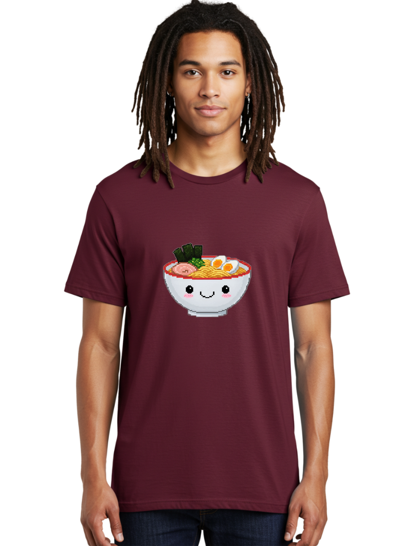 Ramen-Bowl-2 Men'S Graphic Tee, 100% Cotton, Comfortable Casual Summer Wear, Machine Washable, Delicious Ramen, Kawaii Food, Cartoon Noodle Bowl, Tasty Meal, Sliced Egg, Seaweed, Pink Ham, Smiling Bowl, Pixel Art, Noodle Soup Bae707 22