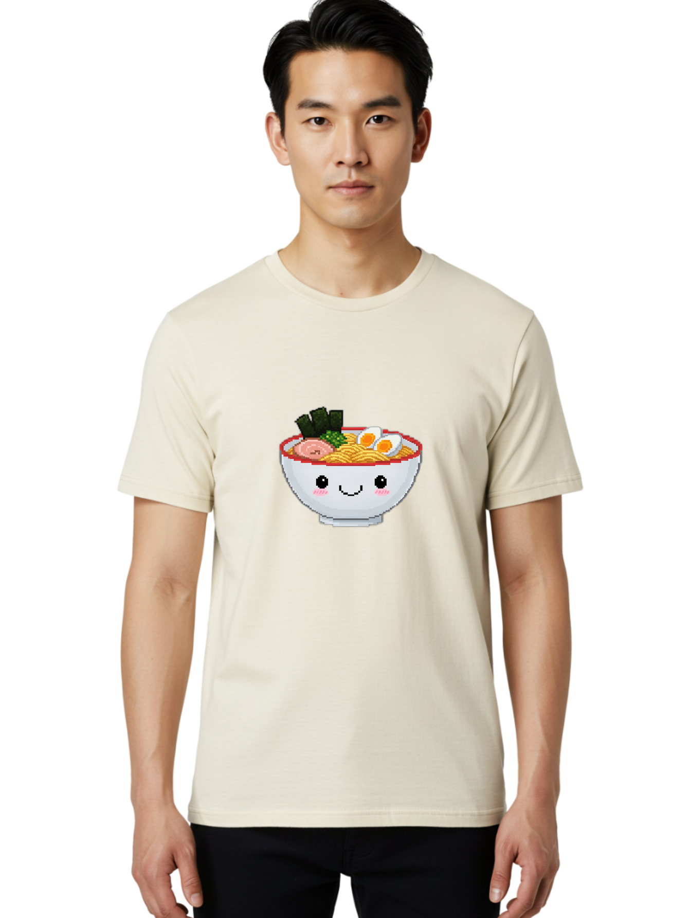 Ramen-Bowl-2 Men'S Graphic Tee, 100% Cotton, Comfortable Casual Summer Wear, Machine Washable, Delicious Ramen, Kawaii Food, Cartoon Noodle Bowl, Tasty Meal, Sliced Egg, Seaweed, Pink Ham, Smiling Bowl, Pixel Art, Noodle Soup Bae707 16