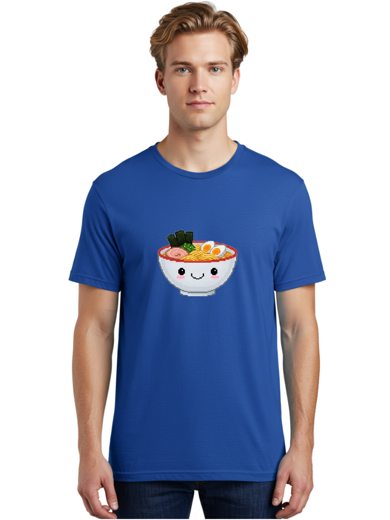 Ramen-Bowl-2 Men'S Graphic Tee, 100% Cotton, Comfortable Casual Summer Wear, Machine Washable, Delicious Ramen, Kawaii Food, Cartoon Noodle Bowl, Tasty Meal, Sliced Egg, Seaweed, Pink Ham, Smiling Bowl, Pixel Art, Noodle Soup Bae707 23