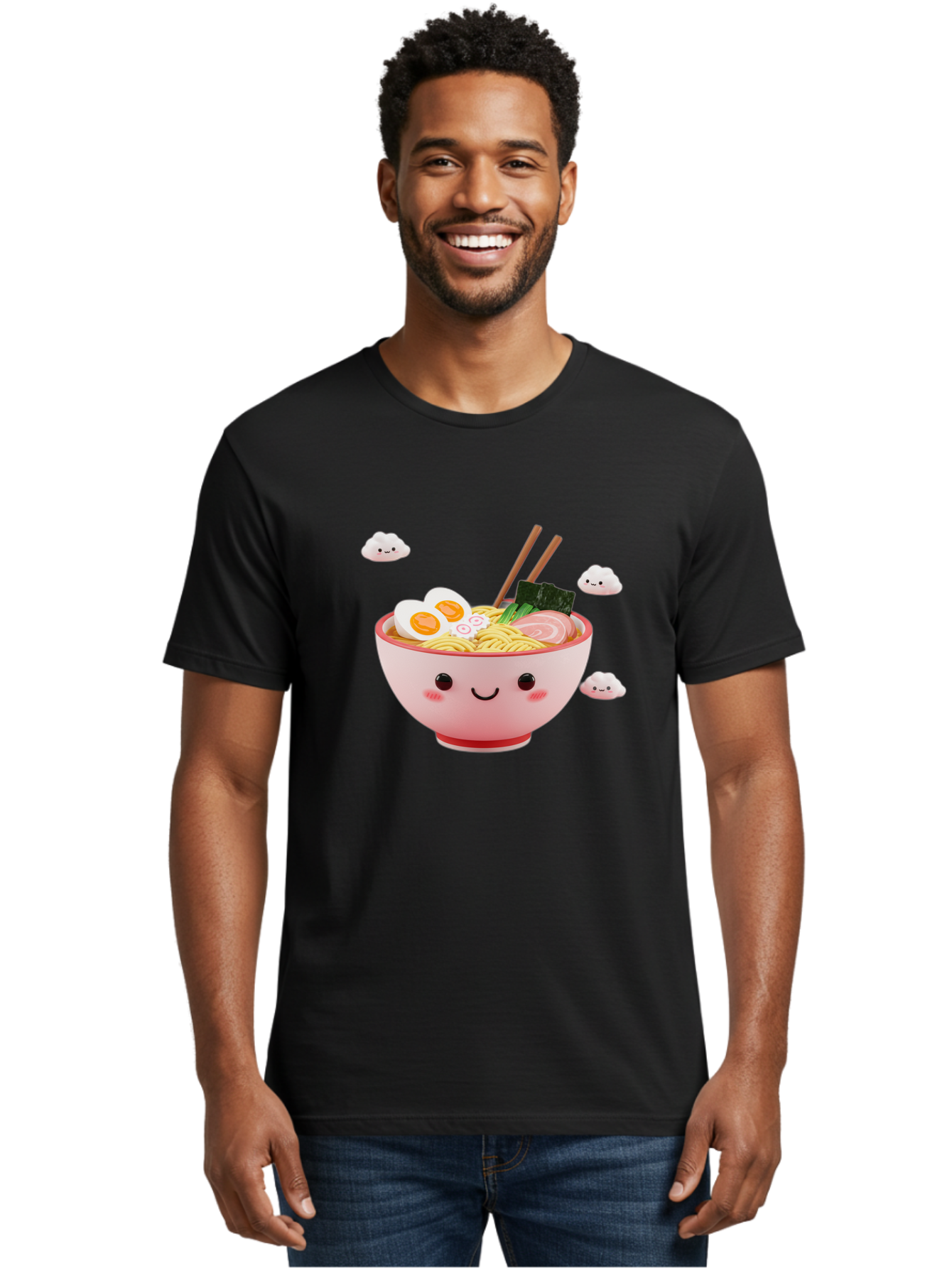 Ramen-Bowl-3 Men'S Graphic Tee, 100% Cotton, Comfortable Casual Summer Wear, Machine Washable, Steaming Hot Ramen, Kawaii Bowl, Cartoon Noodle Soup, Smiling Bowl, Boiled Egg, Sliced Pork, Seaweed, Chopsticks, Fish Cakes, Playful, Bae708 28