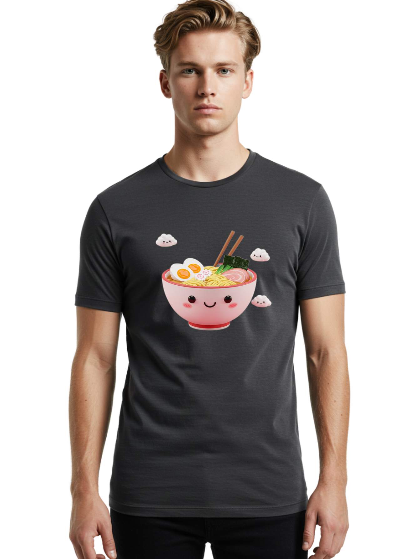 Ramen-Bowl-3 Men'S Graphic Tee, 100% Cotton, Comfortable Casual Summer Wear, Machine Washable, Steaming Hot Ramen, Kawaii Bowl, Cartoon Noodle Soup, Smiling Bowl, Boiled Egg, Sliced Pork, Seaweed, Chopsticks, Fish Cakes, Playful, Bae708 26