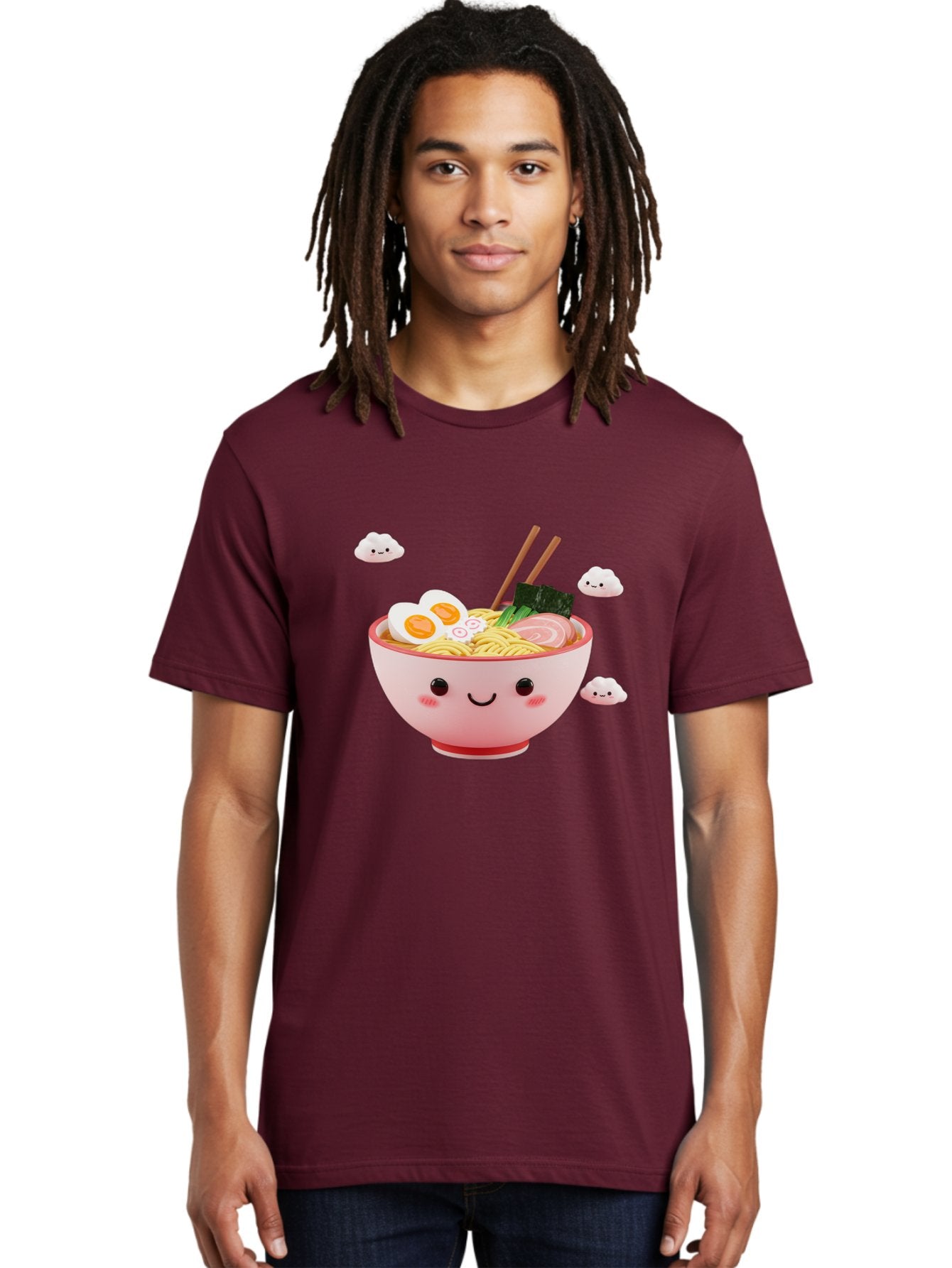 Ramen-Bowl-3 Men'S Graphic Tee, 100% Cotton, Comfortable Casual Summer Wear, Machine Washable, Steaming Hot Ramen, Kawaii Bowl, Cartoon Noodle Soup, Smiling Bowl, Boiled Egg, Sliced Pork, Seaweed, Chopsticks, Fish Cakes, Playful, Bae708 17