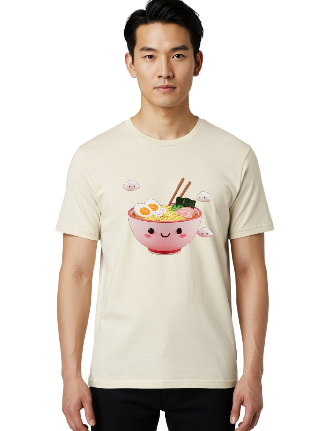 Ramen-Bowl-3 Men'S Graphic Tee, 100% Cotton, Comfortable Casual Summer Wear, Machine Washable, Steaming Hot Ramen, Kawaii Bowl, Cartoon Noodle Soup, Smiling Bowl, Boiled Egg, Sliced Pork, Seaweed, Chopsticks, Fish Cakes, Playful, Bae708 30