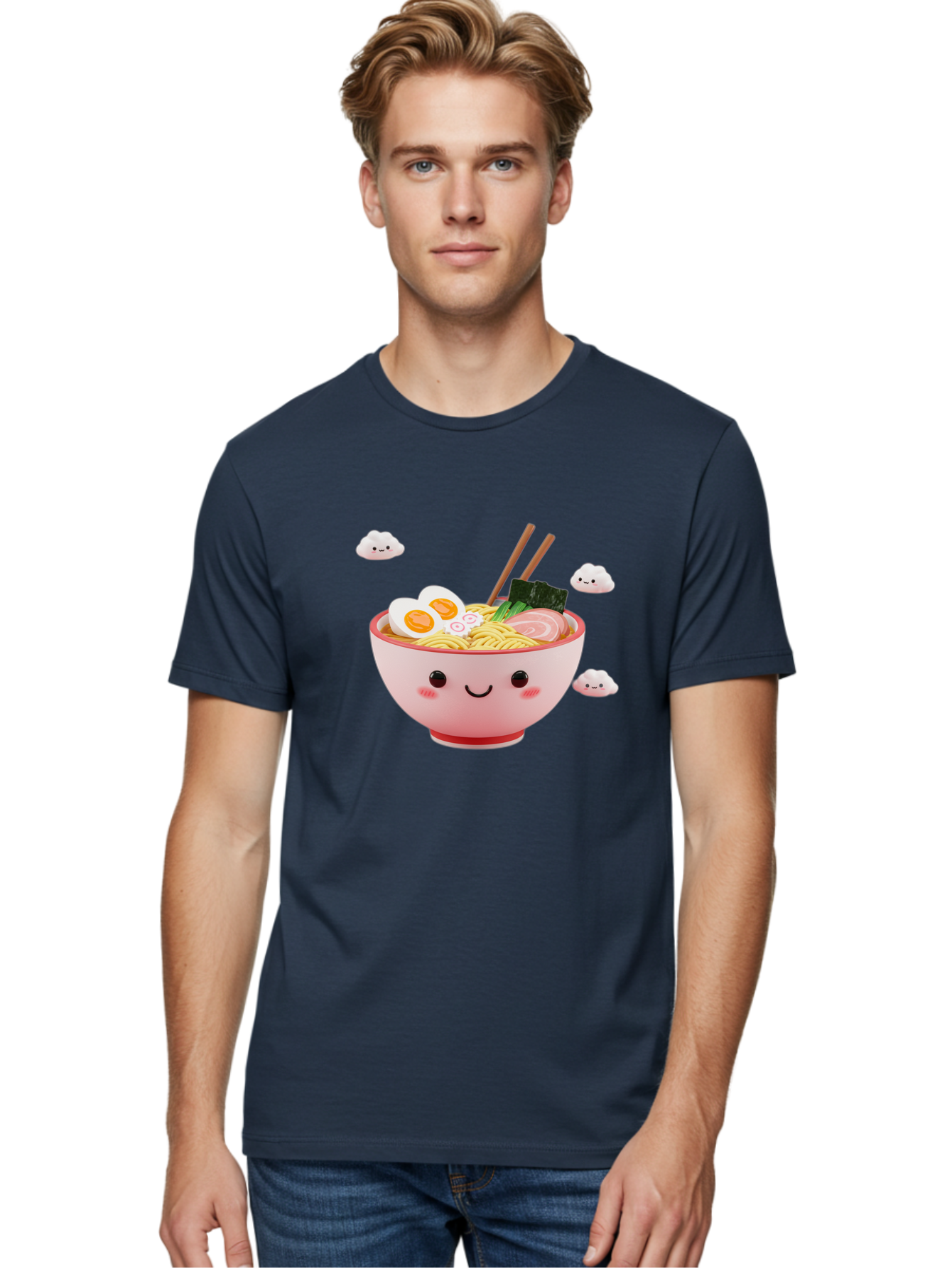Ramen-Bowl-3 Men'S Graphic Tee, 100% Cotton, Comfortable Casual Summer Wear, Machine Washable, Steaming Hot Ramen, Kawaii Bowl, Cartoon Noodle Soup, Smiling Bowl, Boiled Egg, Sliced Pork, Seaweed, Chopsticks, Fish Cakes, Playful, Bae708 22