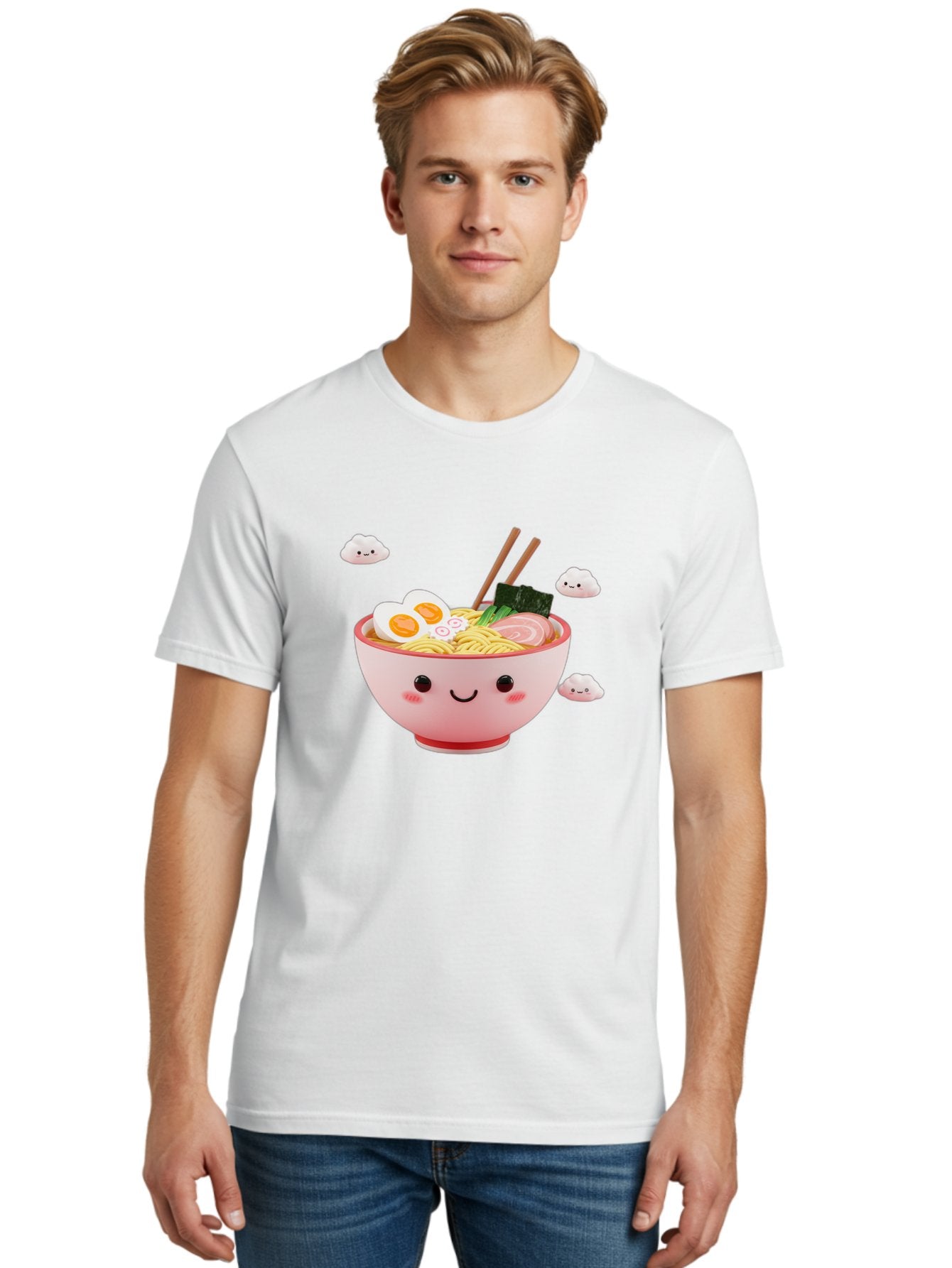 Ramen-Bowl-3 Men'S Graphic Tee, 100% Cotton, Comfortable Casual Summer Wear, Machine Washable, Steaming Hot Ramen, Kawaii Bowl, Cartoon Noodle Soup, Smiling Bowl, Boiled Egg, Sliced Pork, Seaweed, Chopsticks, Fish Cakes, Playful, Bae708 27