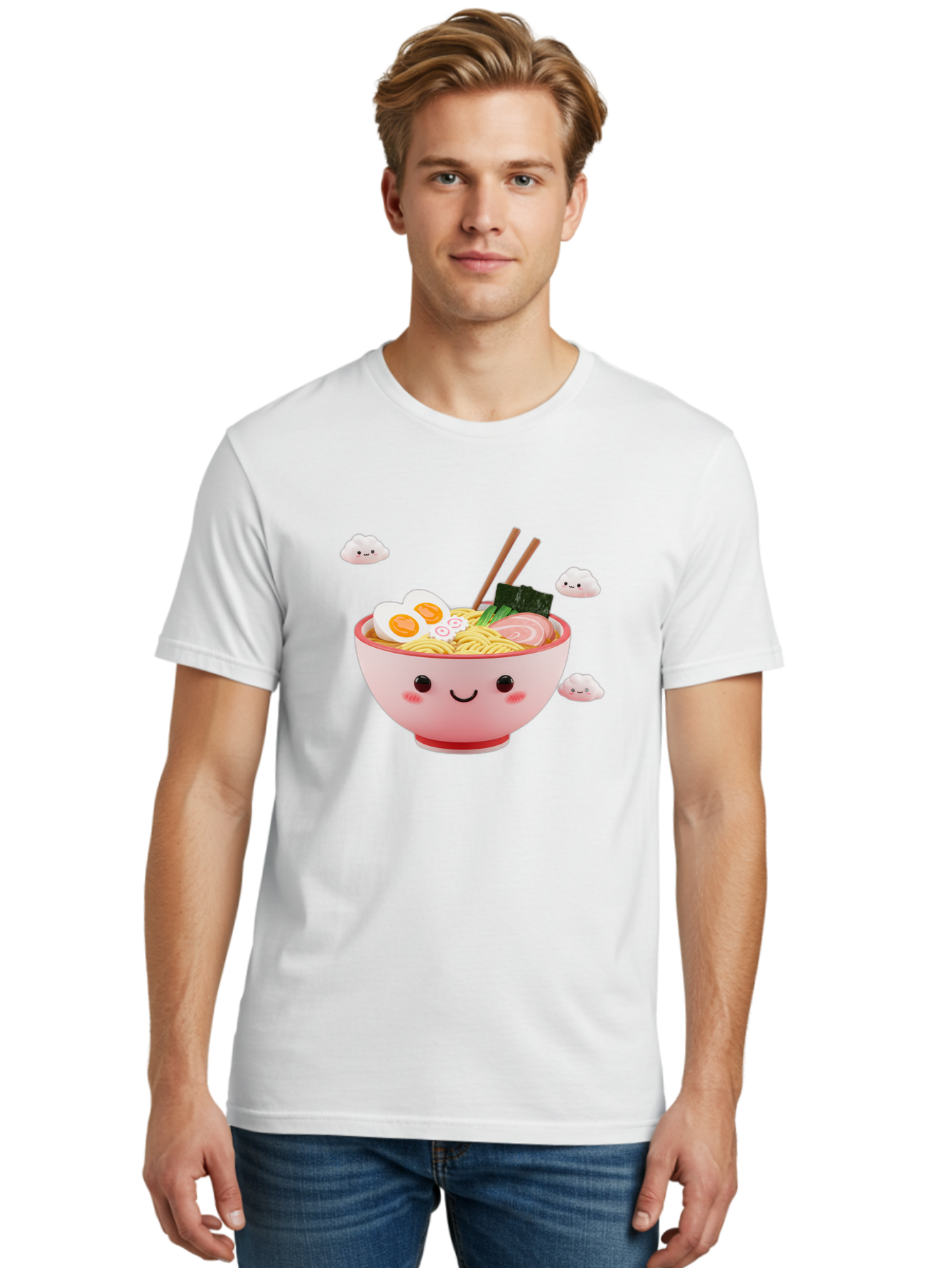 Ramen-Bowl-3 Men'S Graphic Tee, 100% Cotton, Comfortable Casual Summer Wear, Machine Washable, Steaming Hot Ramen, Kawaii Bowl, Cartoon Noodle Soup, Smiling Bowl, Boiled Egg, Sliced Pork, Seaweed, Chopsticks, Fish Cakes, Playful, Bae708 19