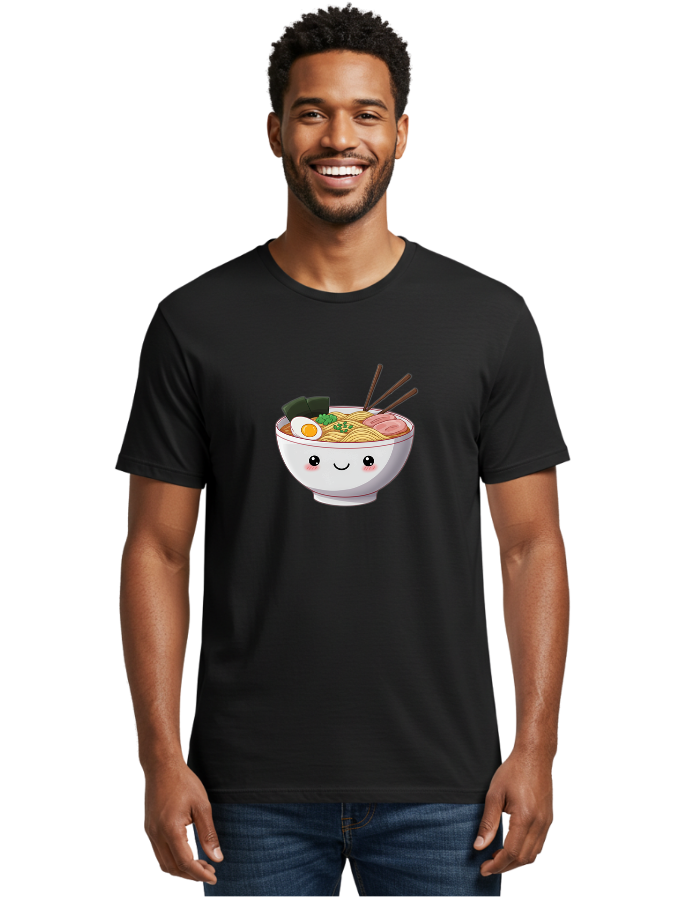 Ramen-Bowl Men'S Graphic Tee, 100% Cotton, Comfortable Casual Summer Wear, Machine Washable, Steaming Hot Ramen, Cartoon Noodle Bowl, Appetizing Meal, Kawaii Food, Delicious Japanese Cuisine, Smiling Bowl, Egg, Seaweed, Pork Slice, Chopsticks Bae713 16