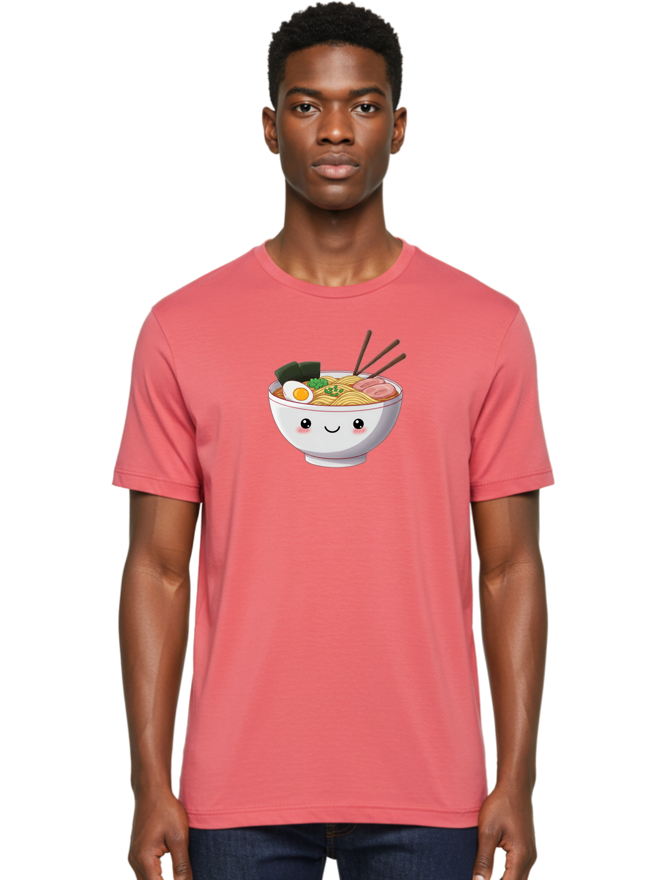 Ramen-Bowl Men'S Graphic Tee, 100% Cotton, Comfortable Casual Summer Wear, Machine Washable, Steaming Hot Ramen, Cartoon Noodle Bowl, Appetizing Meal, Kawaii Food, Delicious Japanese Cuisine, Smiling Bowl, Egg, Seaweed, Pork Slice, Chopsticks Bae713 30