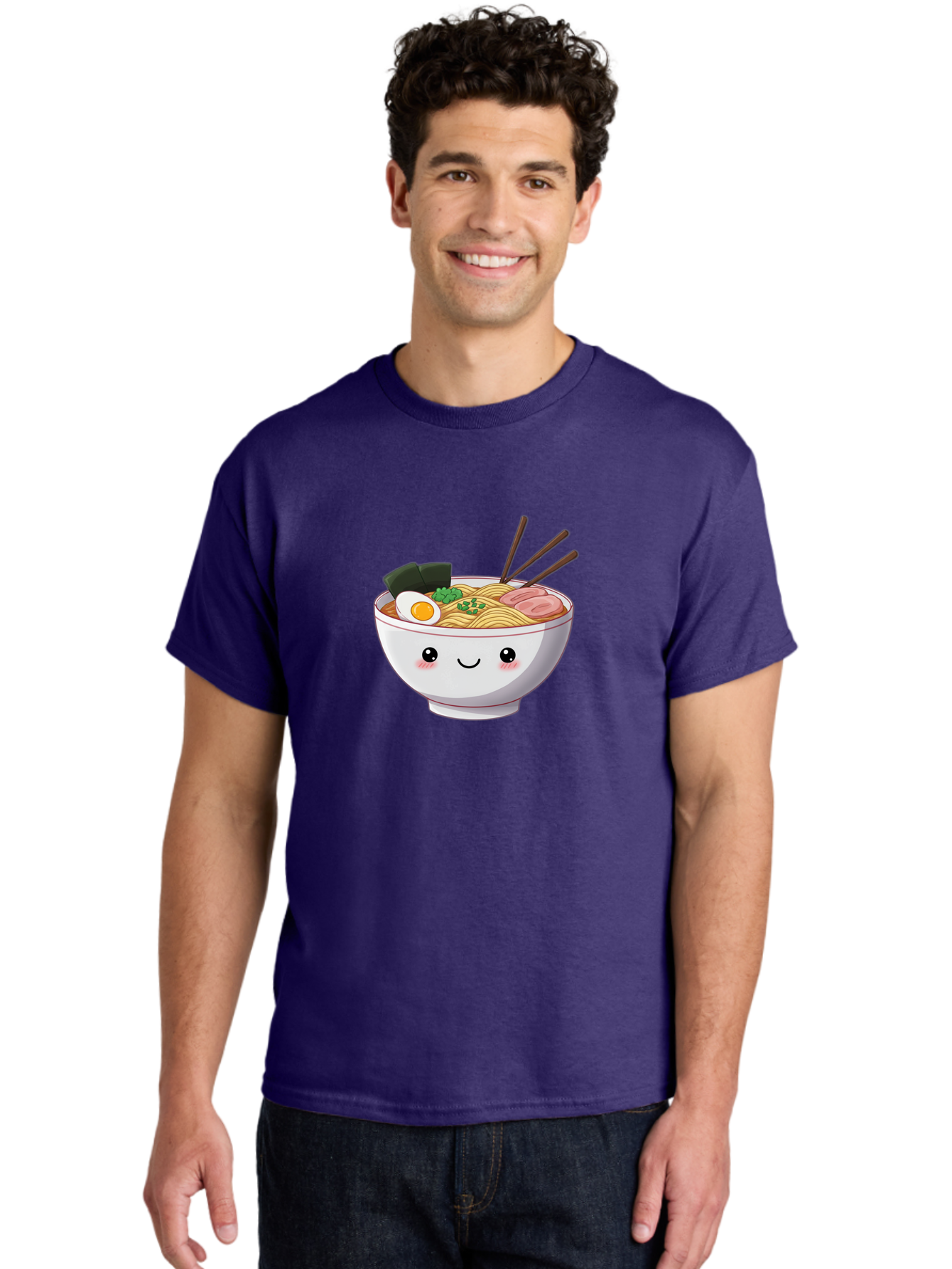 Ramen-Bowl Men'S Graphic Tee, 100% Cotton, Comfortable Casual Summer Wear, Machine Washable, Steaming Hot Ramen, Cartoon Noodle Bowl, Appetizing Meal, Kawaii Food, Delicious Japanese Cuisine, Smiling Bowl, Egg, Seaweed, Pork Slice, Chopsticks Bae713 24