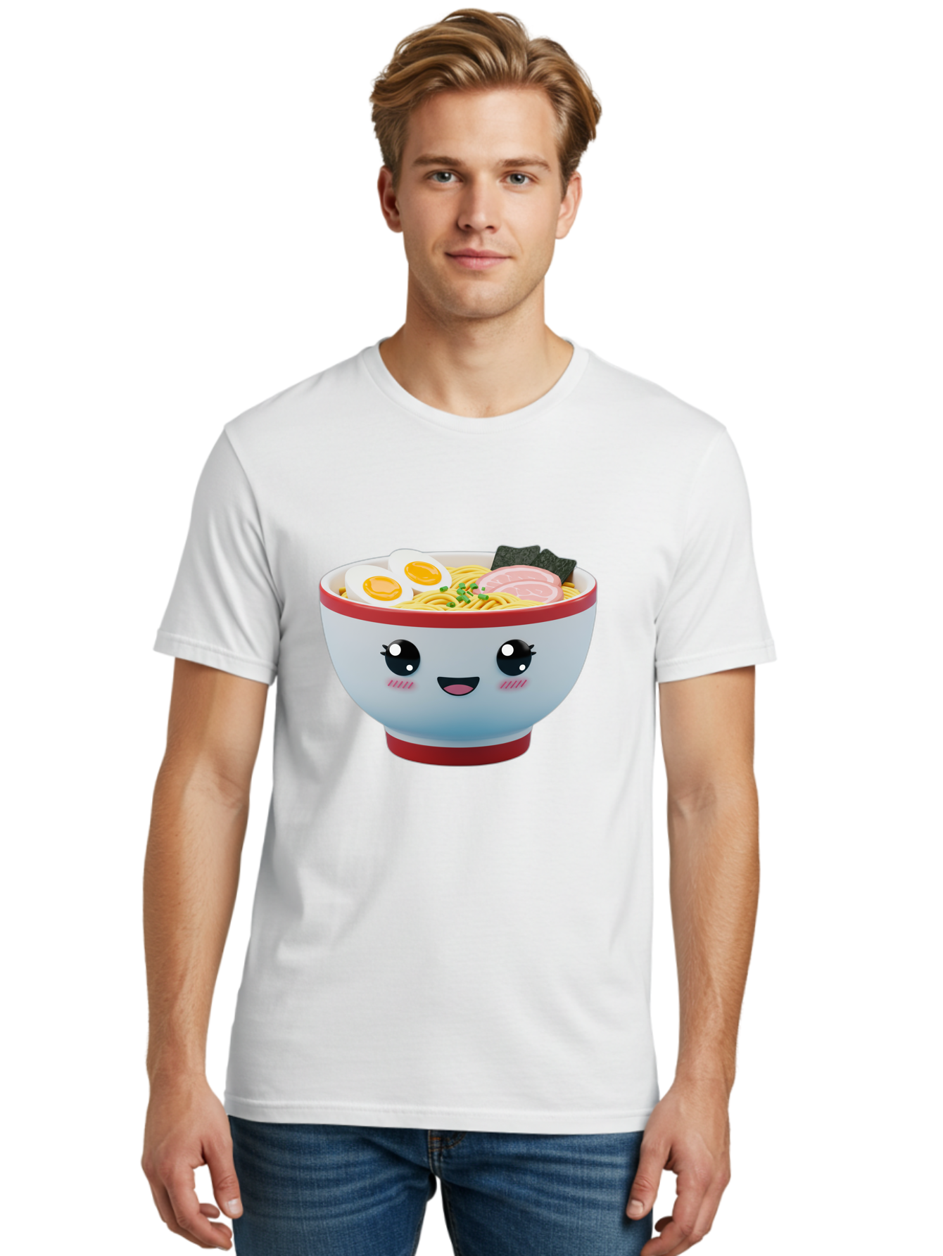 Ramen-Noodle-Bowl Men'S Graphic Tee, 100% Cotton, Comfortable Casual Summer Wear, Machine Washable, Kawaii Ramen Bowl, Cartoon Noodle Soup, Japanese Cuisine, Animated Food, Ramen Noodles, Boiled Egg, Seaweed, Sliced Ham, Cute Bowl, Bae716 16