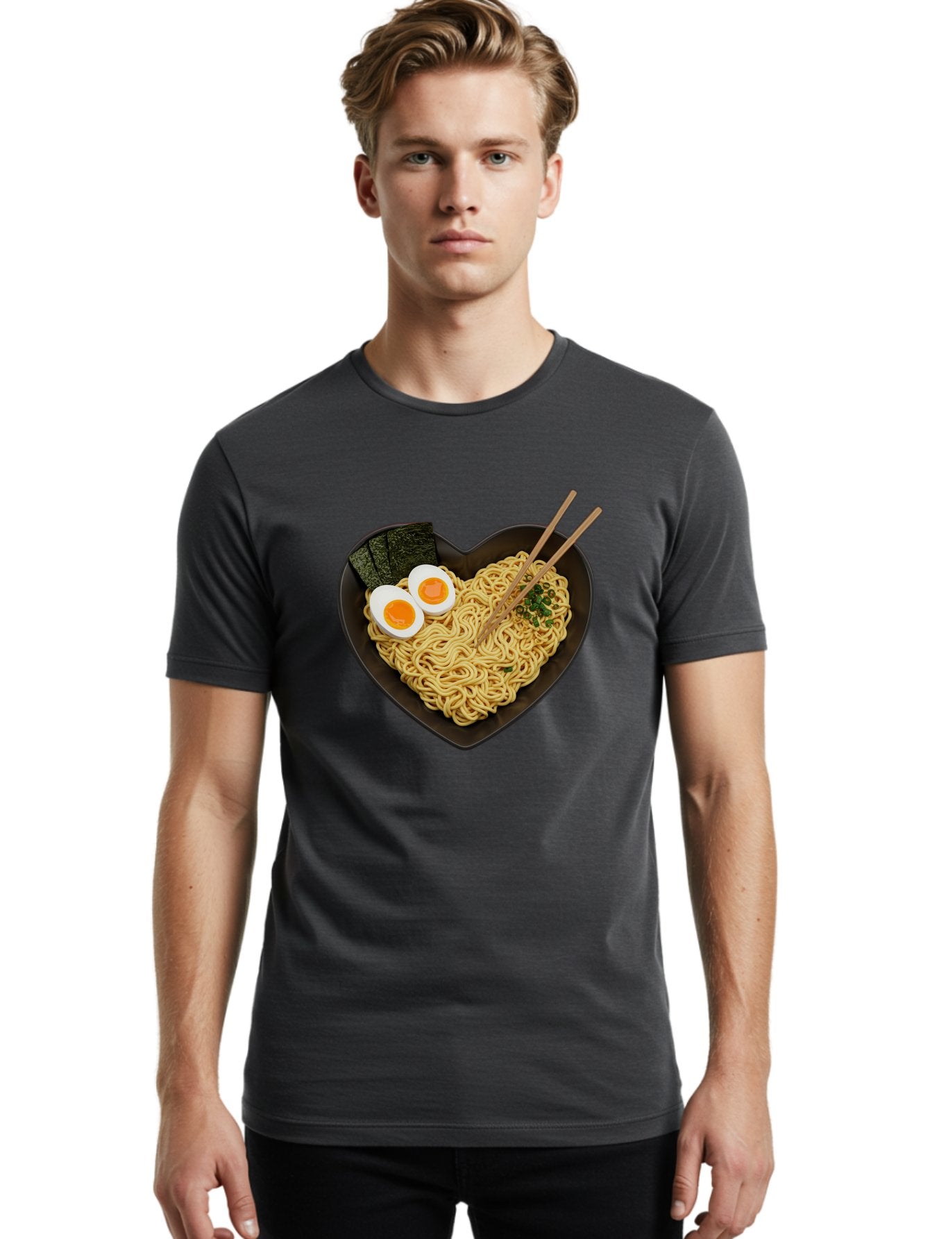 Ramen-Noodles-Heart-Shaped-Bowl Men'S Graphic Tee, 100% Cotton, Comfortable Casual Summer Wear, Machine Washable, Ramen Noodles, Heart-Shaped Bowl, Soft-Boiled Eggs, Seaweed, Chopsticks, Asian Cuisine, Comfort Food, Savory Dish, Noodle Soup, Bae722 16