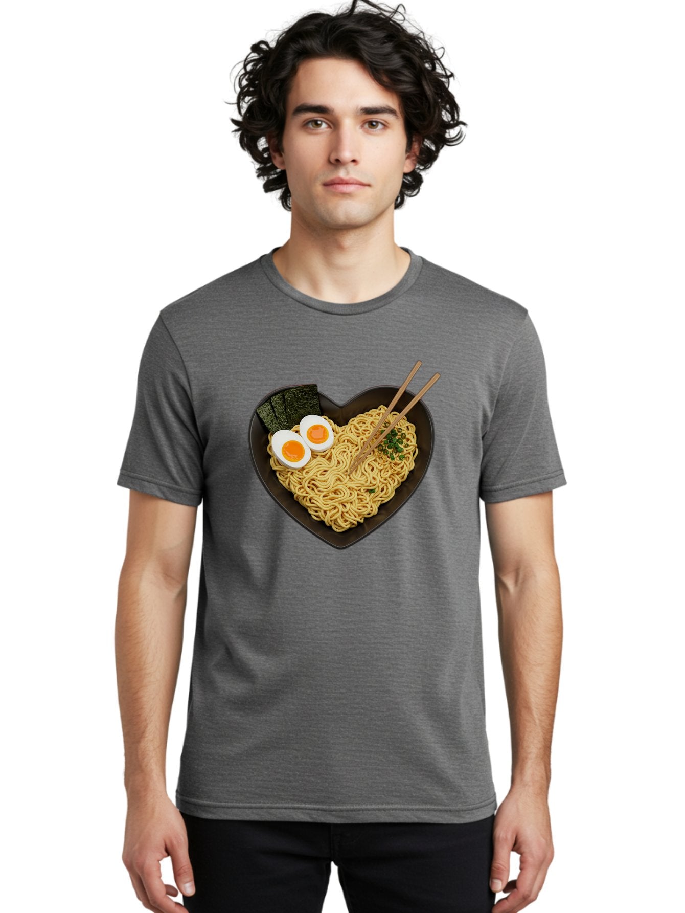 Ramen-Noodles-Heart-Shaped-Bowl Men'S Graphic Tee, 100% Cotton, Comfortable Casual Summer Wear, Machine Washable, Ramen Noodles, Heart-Shaped Bowl, Soft-Boiled Eggs, Seaweed, Chopsticks, Asian Cuisine, Comfort Food, Savory Dish, Noodle Soup, Bae722 22