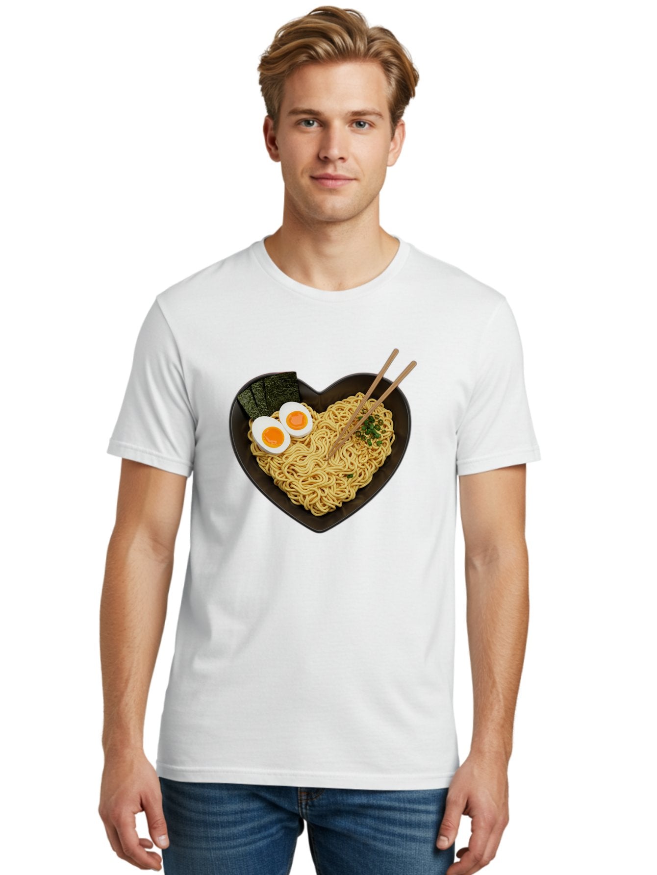Ramen-Noodles-Heart-Shaped-Bowl Men'S Graphic Tee, 100% Cotton, Comfortable Casual Summer Wear, Machine Washable, Ramen Noodles, Heart-Shaped Bowl, Soft-Boiled Eggs, Seaweed, Chopsticks, Asian Cuisine, Comfort Food, Savory Dish, Noodle Soup, Bae722 25