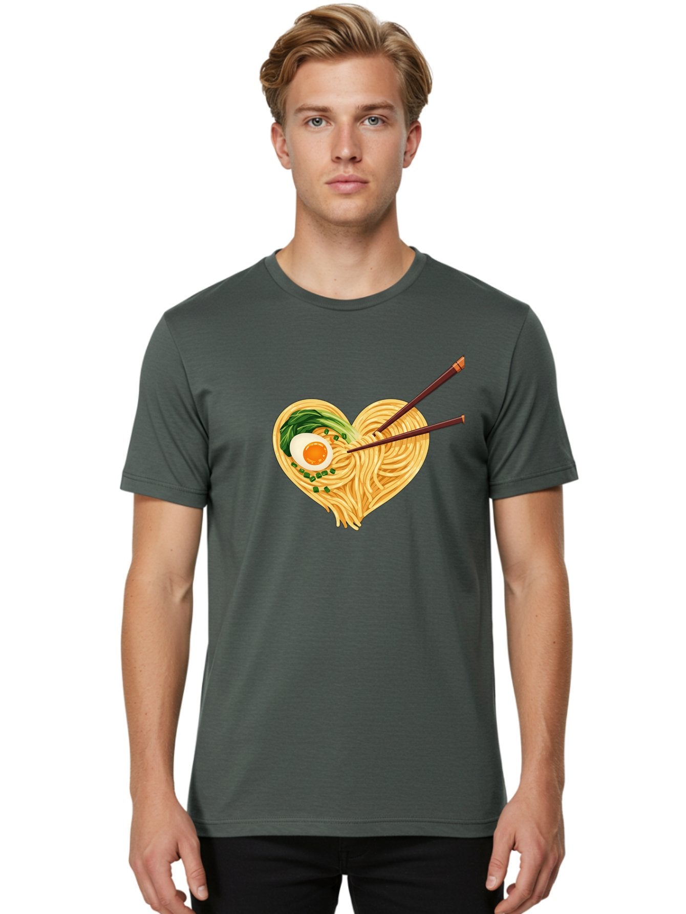 Ramen-Noodles-Heart Men'S Graphic Tee, 100% Cotton, Comfortable Casual Summer Wear, Machine Washable, Heart-Shaped Noodles, Ramen, Egg, Green Onions, Asian Cuisine, Chopsticks, Noodle Dish, Meal, Food, Appetizing, Delicious Bae723 24