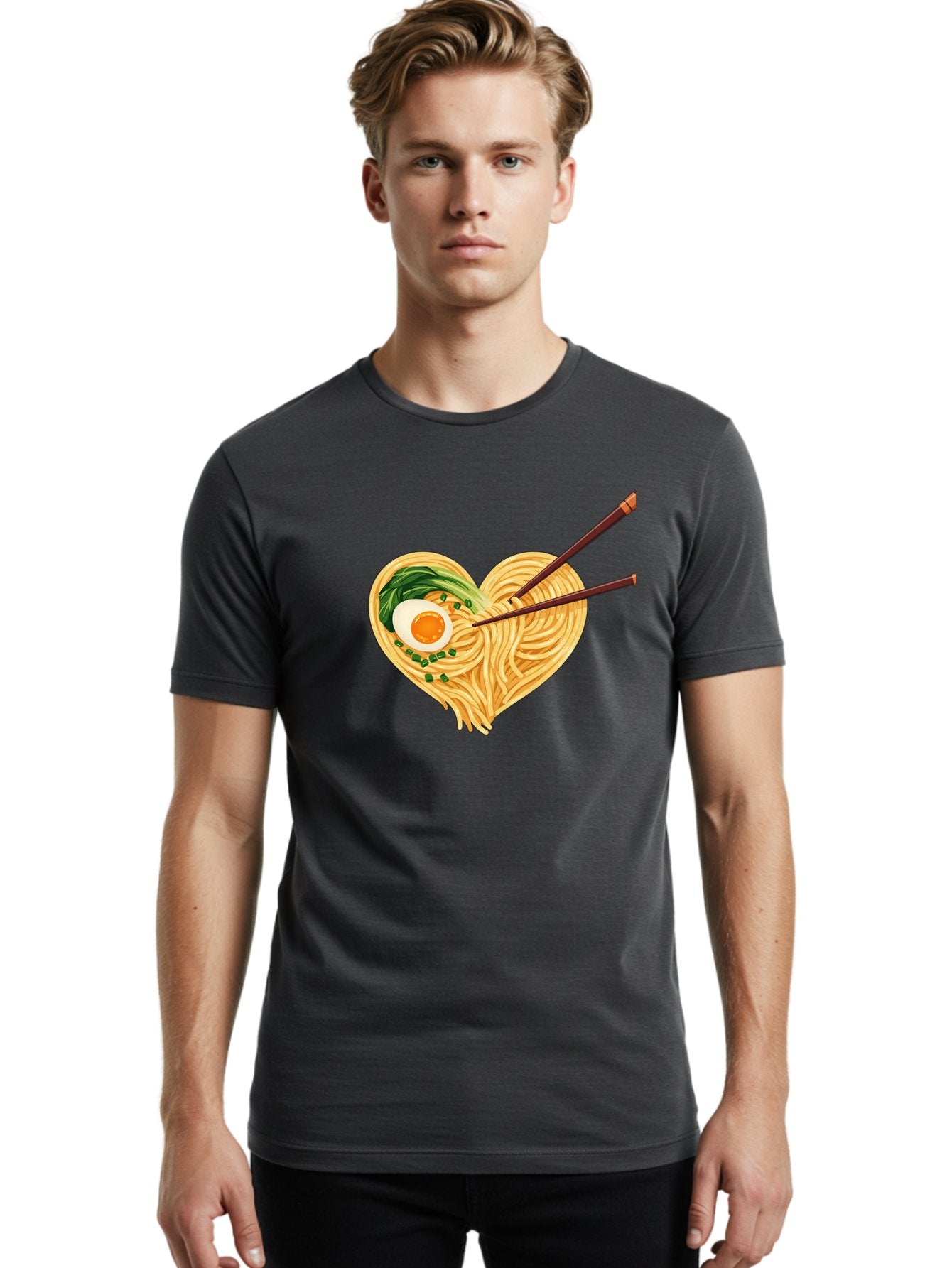 Ramen-Noodles-Heart Men'S Graphic Tee, 100% Cotton, Comfortable Casual Summer Wear, Machine Washable, Heart-Shaped Noodles, Ramen, Egg, Green Onions, Asian Cuisine, Chopsticks, Noodle Dish, Meal, Food, Appetizing, Delicious Bae723 18