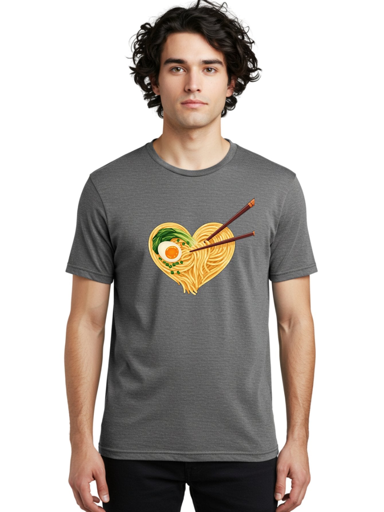 Ramen-Noodles-Heart Men'S Graphic Tee, 100% Cotton, Comfortable Casual Summer Wear, Machine Washable, Heart-Shaped Noodles, Ramen, Egg, Green Onions, Asian Cuisine, Chopsticks, Noodle Dish, Meal, Food, Appetizing, Delicious Bae723 29