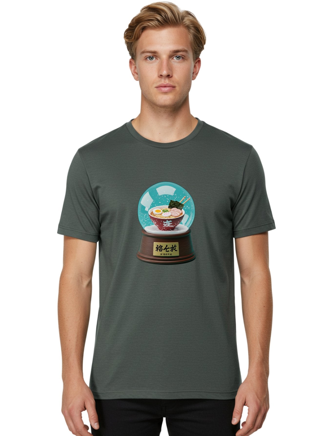 Ramen-Snow-Globe Men'S Graphic Tee, 100% Cotton, Comfortable Casual Summer Wear, Machine Washable, Ramen In A Snow Globe, Japanese Cuisine, Noodle Soup, Egg, Pork Slices, Seaweed, Chopsticks, Kanji Characters, Miniature Food, Winter Scene, Bae725 29
