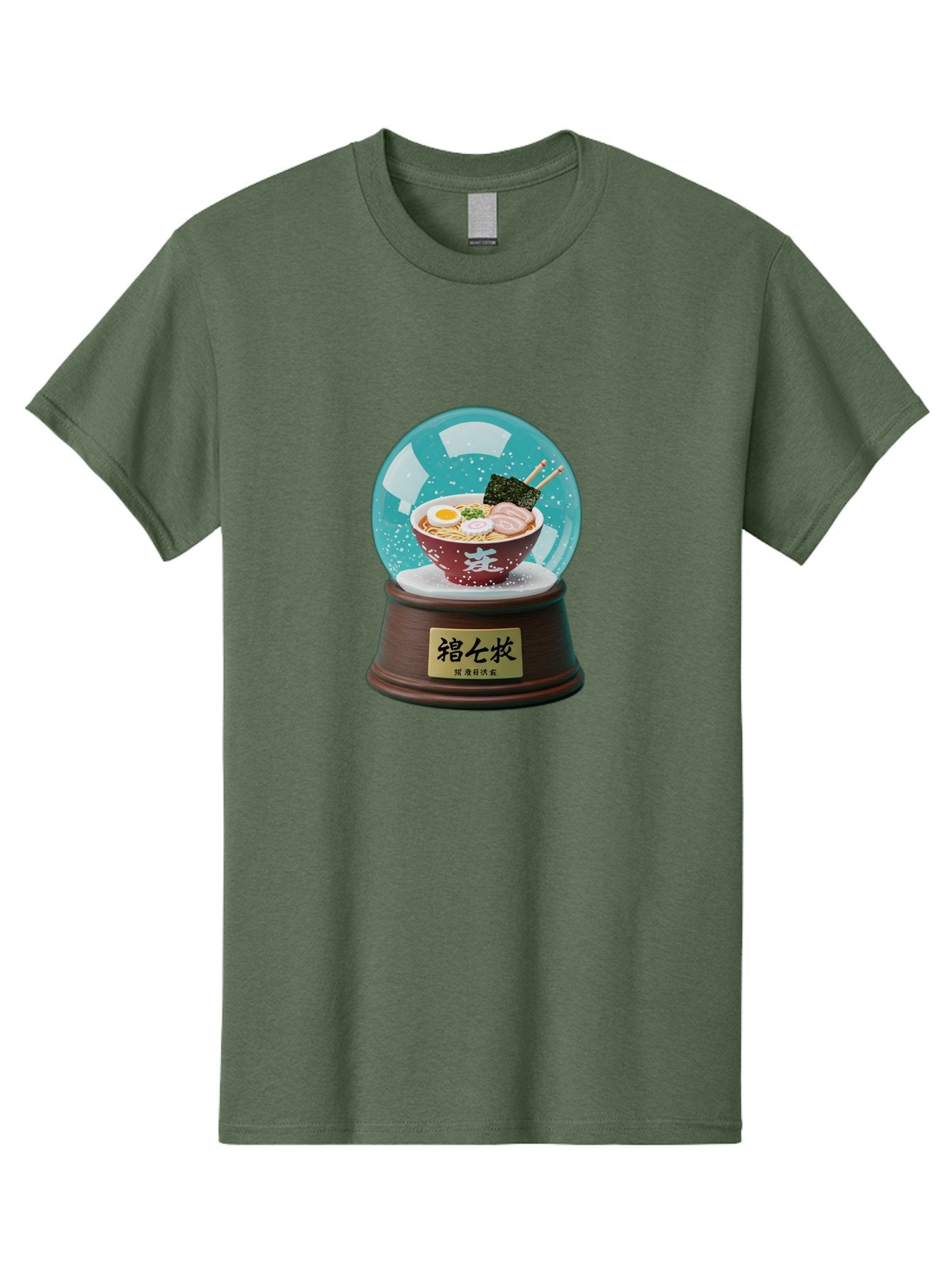 Ramen-Snow-Globe Men'S Graphic Tee, 100% Cotton, Comfortable Casual Summer Wear, Machine Washable, Ramen In A Snow Globe, Japanese Cuisine, Noodle Soup, Egg, Pork Slices, Seaweed, Chopsticks, Kanji Characters, Miniature Food, Winter Scene, Bae725 13