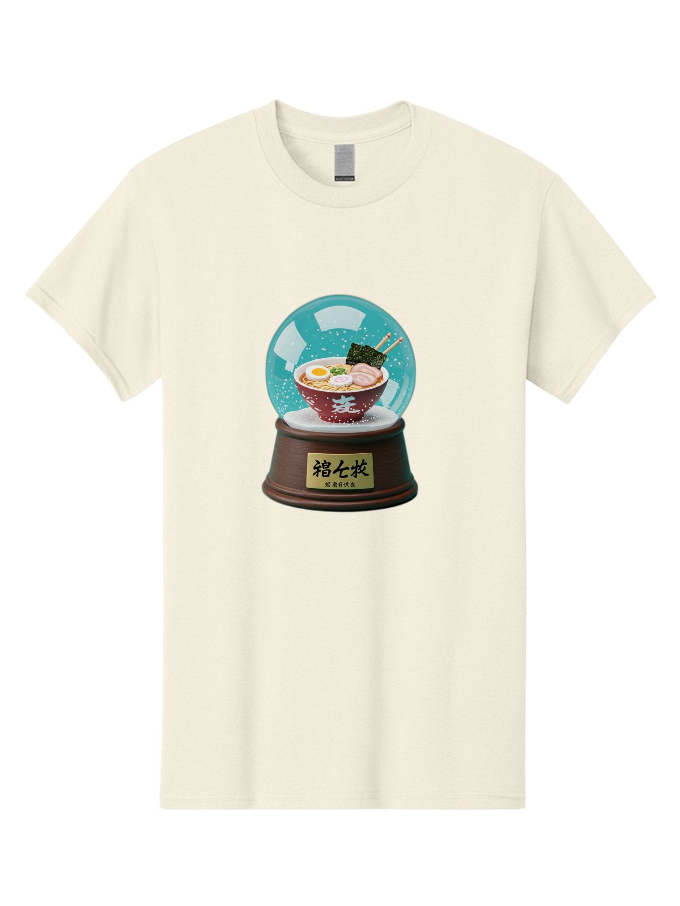 Ramen-Snow-Globe Men'S Graphic Tee, 100% Cotton, Comfortable Casual Summer Wear, Machine Washable, Ramen In A Snow Globe, Japanese Cuisine, Noodle Soup, Egg, Pork Slices, Seaweed, Chopsticks, Kanji Characters, Miniature Food, Winter Scene, Bae725
