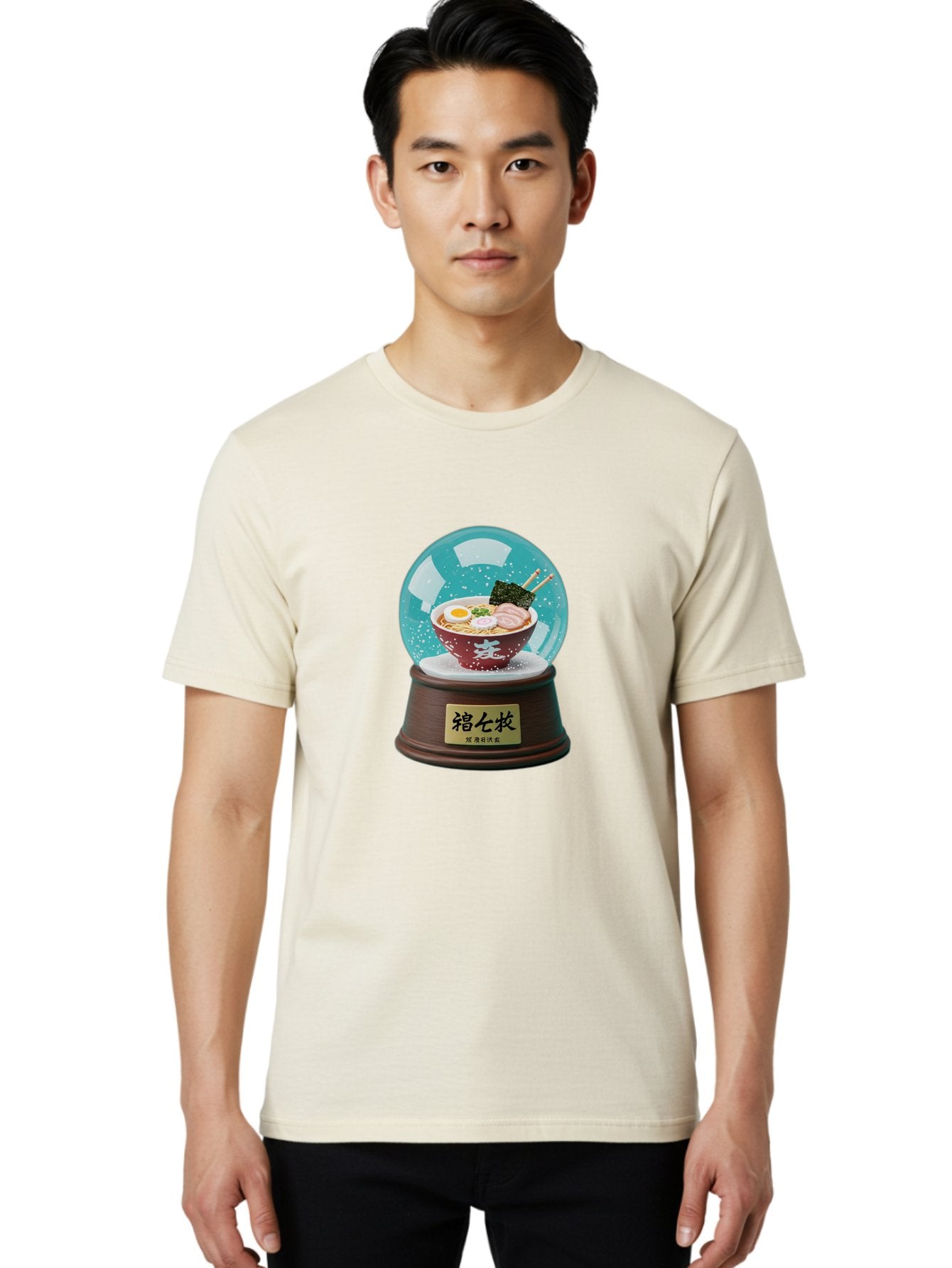 Ramen-Snow-Globe Men'S Graphic Tee, 100% Cotton, Comfortable Casual Summer Wear, Machine Washable, Ramen In A Snow Globe, Japanese Cuisine, Noodle Soup, Egg, Pork Slices, Seaweed, Chopsticks, Kanji Characters, Miniature Food, Winter Scene, Bae725 19