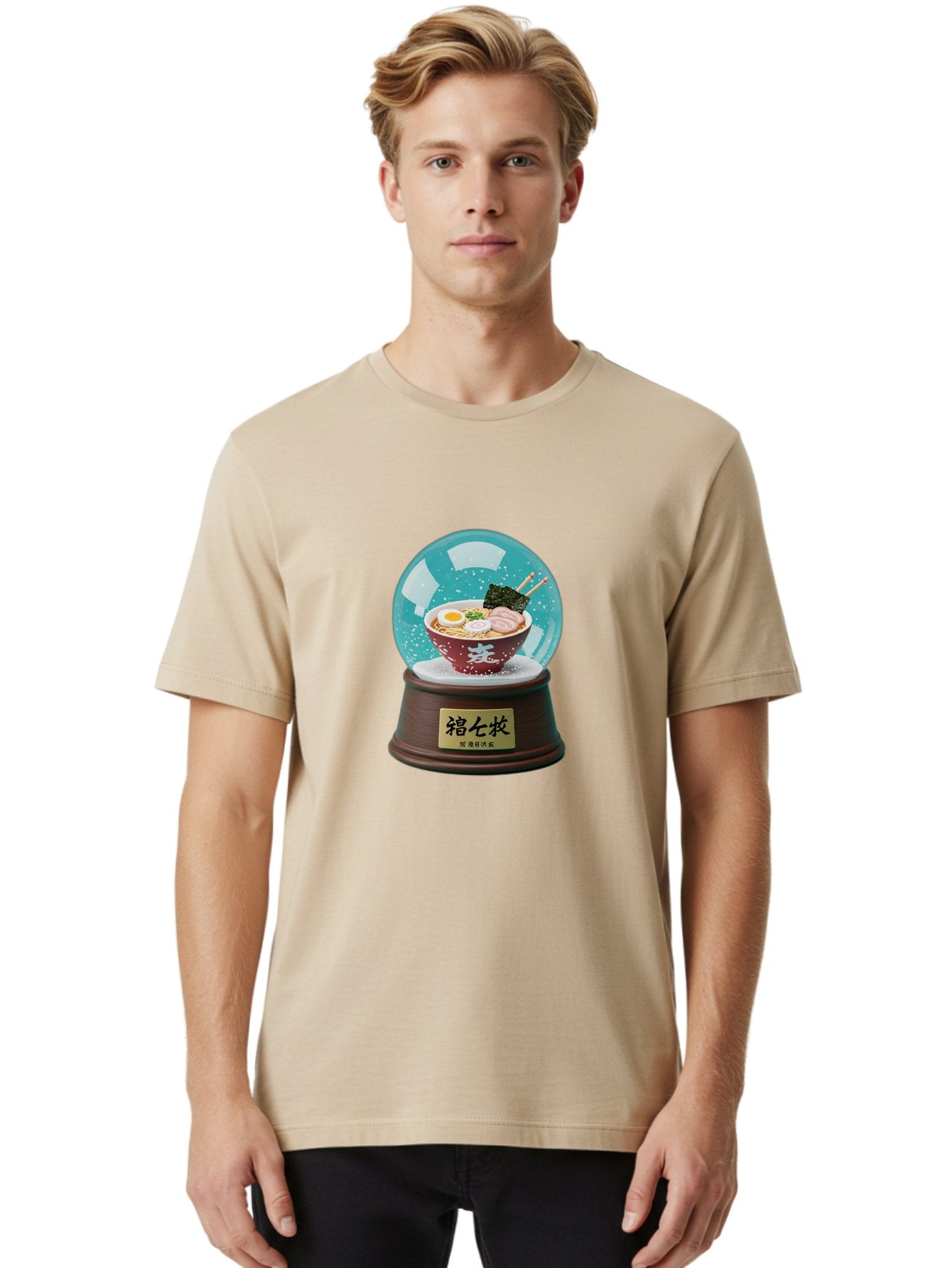 Ramen-Snow-Globe Men'S Graphic Tee, 100% Cotton, Comfortable Casual Summer Wear, Machine Washable, Ramen In A Snow Globe, Japanese Cuisine, Noodle Soup, Egg, Pork Slices, Seaweed, Chopsticks, Kanji Characters, Miniature Food, Winter Scene, Bae725 23