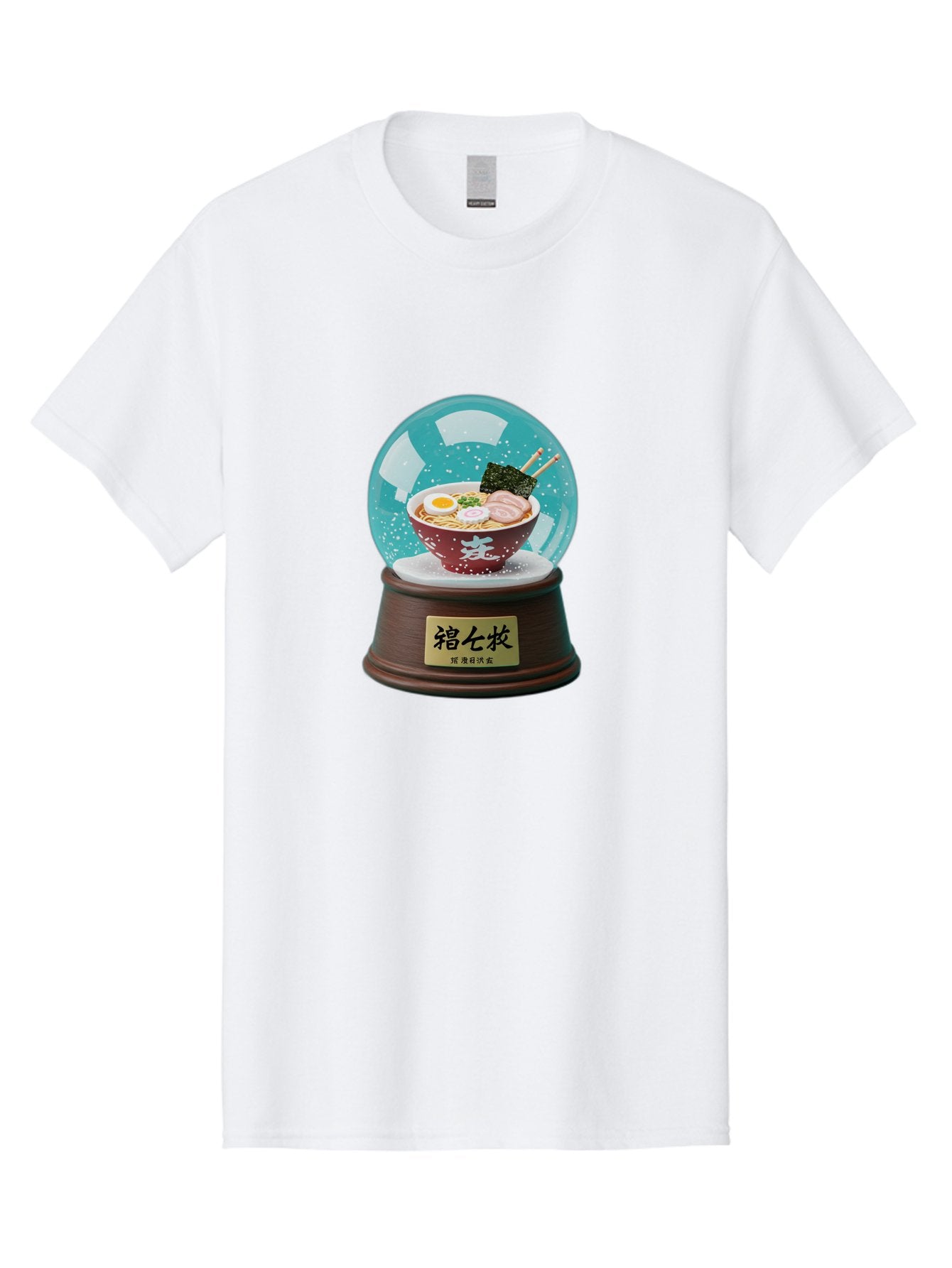 Ramen-Snow-Globe Men'S Graphic Tee, 100% Cotton, Comfortable Casual Summer Wear, Machine Washable, Ramen In A Snow Globe, Japanese Cuisine, Noodle Soup, Egg, Pork Slices, Seaweed, Chopsticks, Kanji Characters, Miniature Food, Winter Scene, Bae725 10