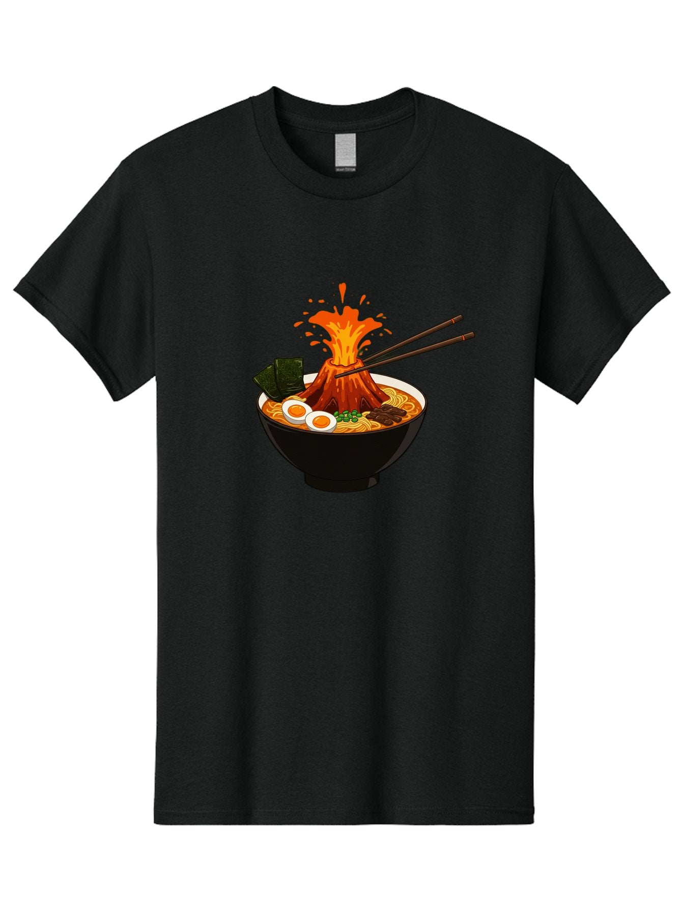 Ramen-Volcano Men'S Graphic Tee, 100% Cotton, Comfortable Casual Summer Wear, Machine Washable, Bowl Of Ramen, Steaming Hot Noodles, Spicy Soup, Boiled Egg, Seaweed, Chopsticks, Fiery Volcano, Japanese Cuisine, Savory Flavors, Delicious Meal, Bae726 15