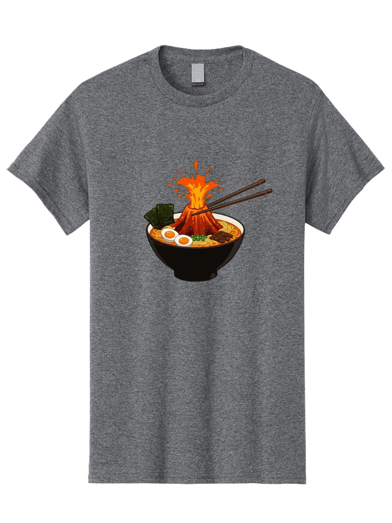Ramen-Volcano Men'S Graphic Tee, 100% Cotton, Comfortable Casual Summer Wear, Machine Washable, Bowl Of Ramen, Steaming Hot Noodles, Spicy Soup, Boiled Egg, Seaweed, Chopsticks, Fiery Volcano, Japanese Cuisine, Savory Flavors, Delicious Meal, Bae726