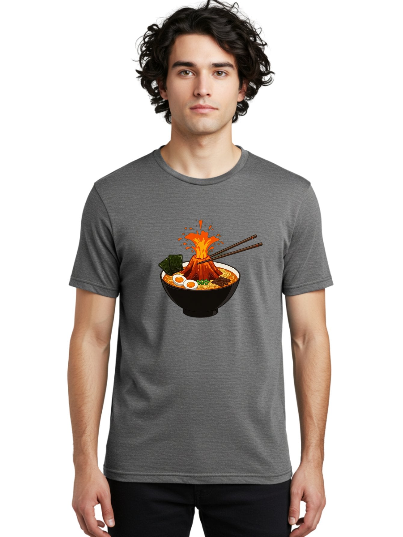 Ramen-Volcano Men'S Graphic Tee, 100% Cotton, Comfortable Casual Summer Wear, Machine Washable, Bowl Of Ramen, Steaming Hot Noodles, Spicy Soup, Boiled Egg, Seaweed, Chopsticks, Fiery Volcano, Japanese Cuisine, Savory Flavors, Delicious Meal, Bae726 19