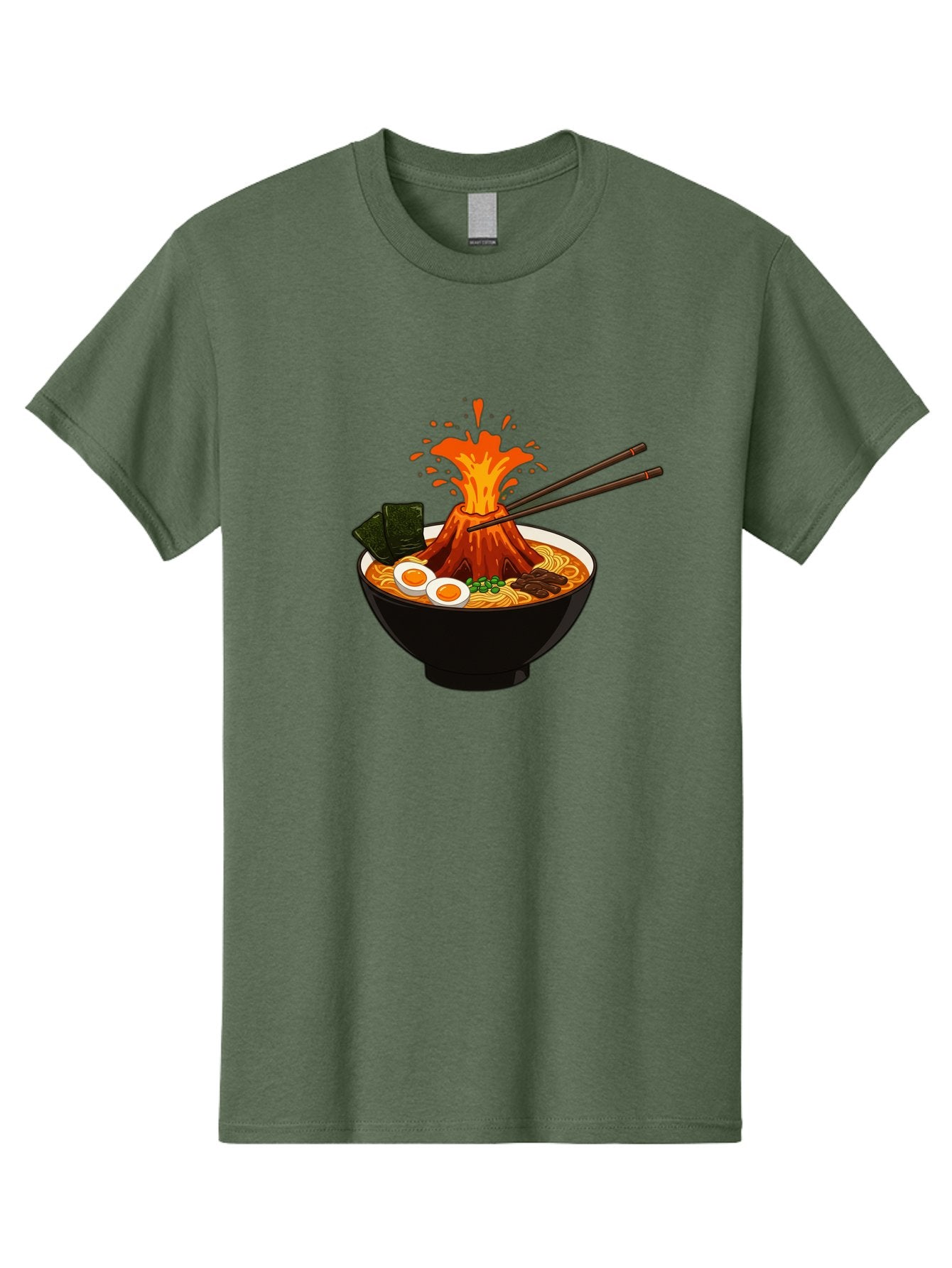 Ramen-Volcano Men'S Graphic Tee, 100% Cotton, Comfortable Casual Summer Wear, Machine Washable, Bowl Of Ramen, Steaming Hot Noodles, Spicy Soup, Boiled Egg, Seaweed, Chopsticks, Fiery Volcano, Japanese Cuisine, Savory Flavors, Delicious Meal, Bae726