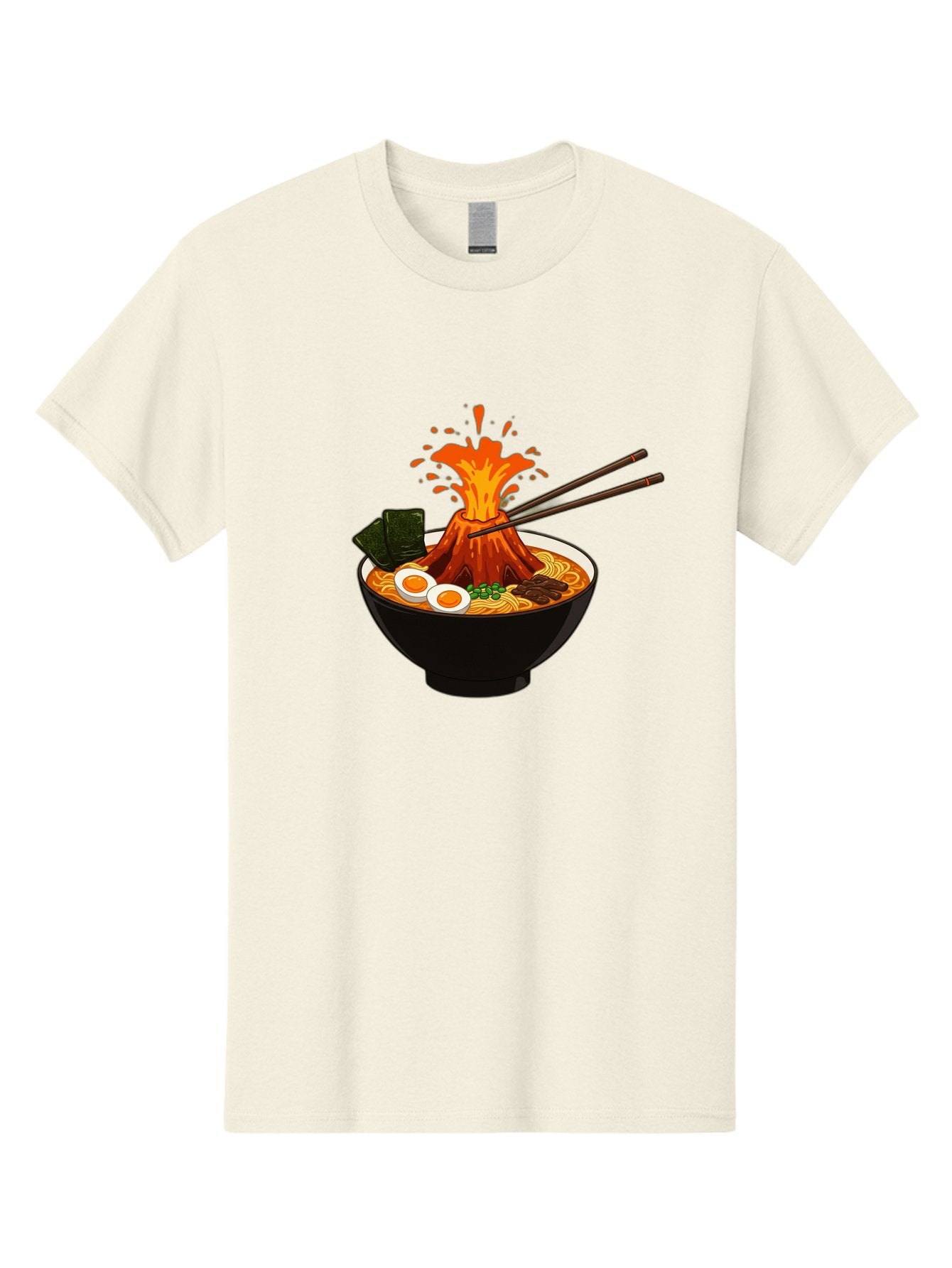 Ramen-Volcano Men'S Graphic Tee, 100% Cotton, Comfortable Casual Summer Wear, Machine Washable, Bowl Of Ramen, Steaming Hot Noodles, Spicy Soup, Boiled Egg, Seaweed, Chopsticks, Fiery Volcano, Japanese Cuisine, Savory Flavors, Delicious Meal, Bae726 12