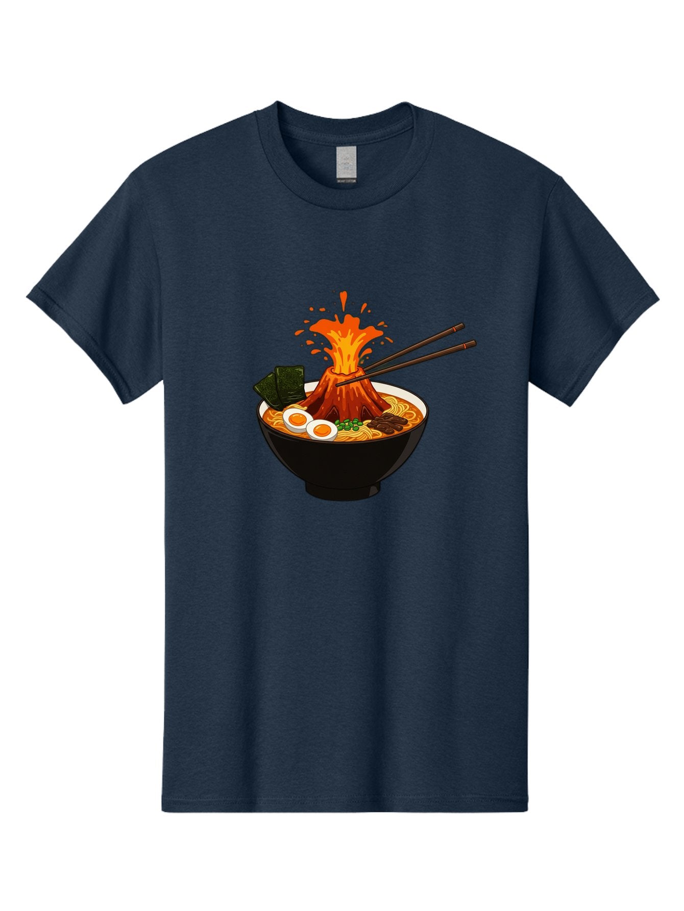 Ramen-Volcano Men'S Graphic Tee, 100% Cotton, Comfortable Casual Summer Wear, Machine Washable, Bowl Of Ramen, Steaming Hot Noodles, Spicy Soup, Boiled Egg, Seaweed, Chopsticks, Fiery Volcano, Japanese Cuisine, Savory Flavors, Delicious Meal, Bae726 11