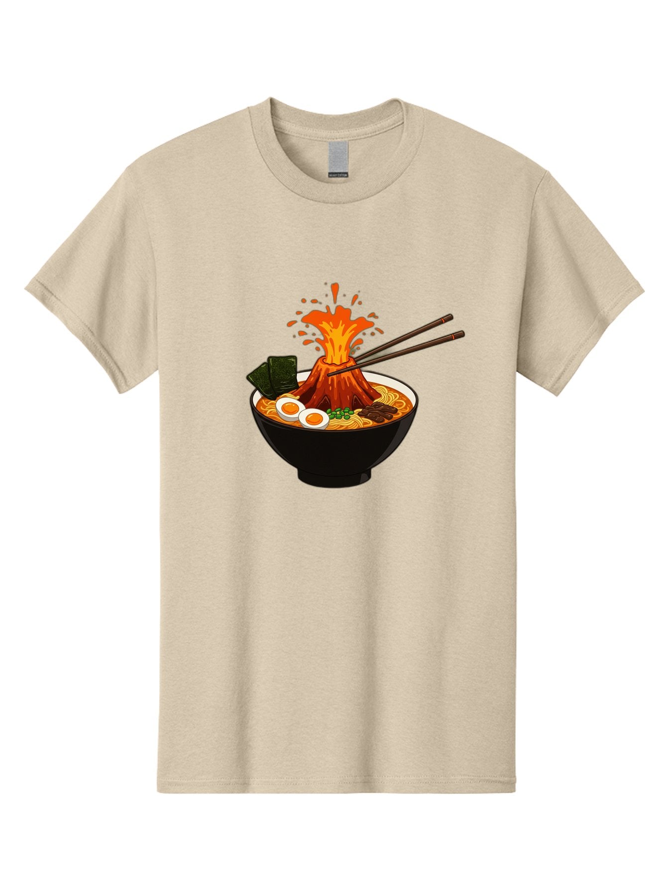 Ramen-Volcano Men'S Graphic Tee, 100% Cotton, Comfortable Casual Summer Wear, Machine Washable, Bowl Of Ramen, Steaming Hot Noodles, Spicy Soup, Boiled Egg, Seaweed, Chopsticks, Fiery Volcano, Japanese Cuisine, Savory Flavors, Delicious Meal, Bae726 13