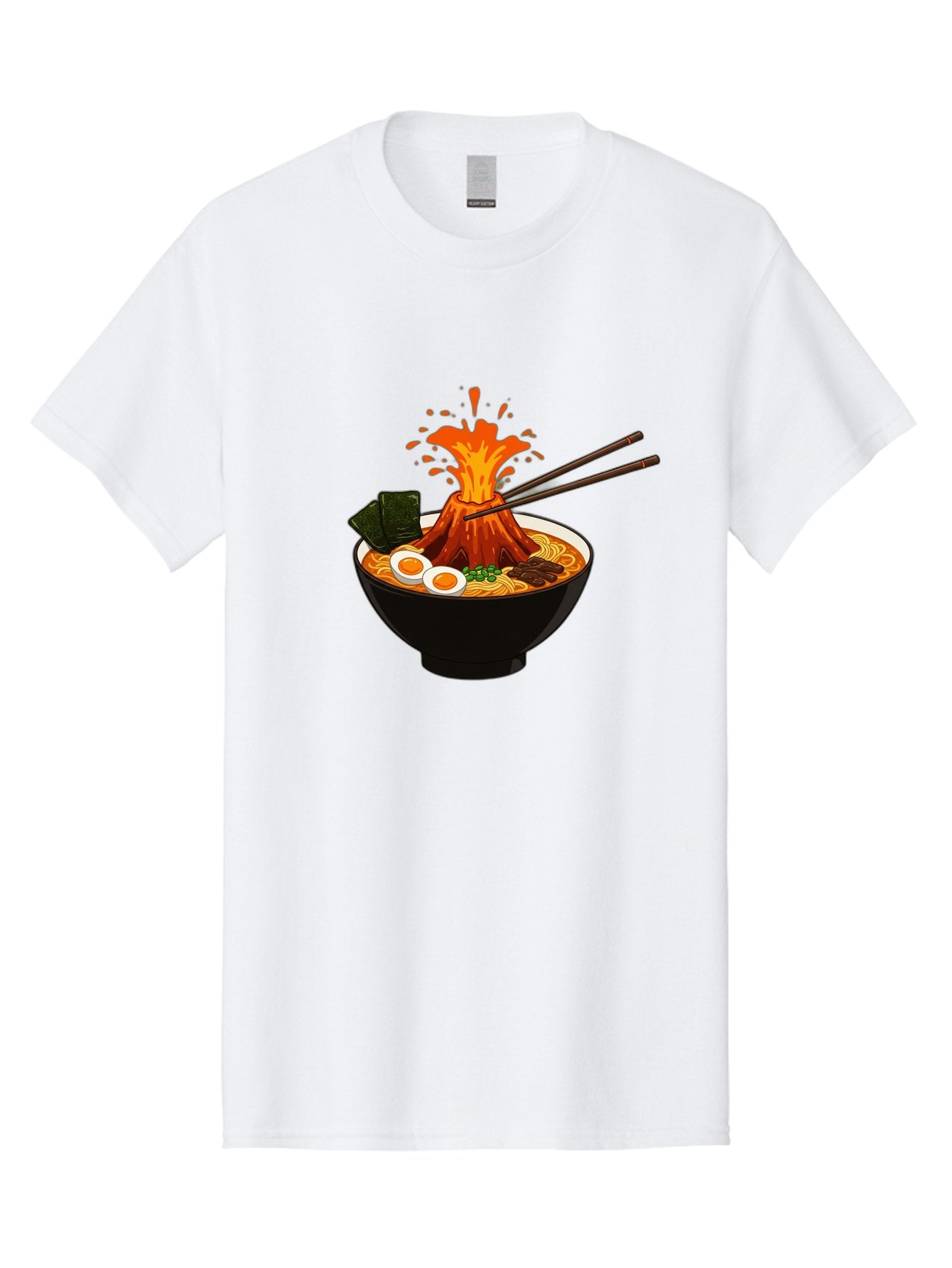 Ramen-Volcano Men'S Graphic Tee, 100% Cotton, Comfortable Casual Summer Wear, Machine Washable, Bowl Of Ramen, Steaming Hot Noodles, Spicy Soup, Boiled Egg, Seaweed, Chopsticks, Fiery Volcano, Japanese Cuisine, Savory Flavors, Delicious Meal, Bae726 7