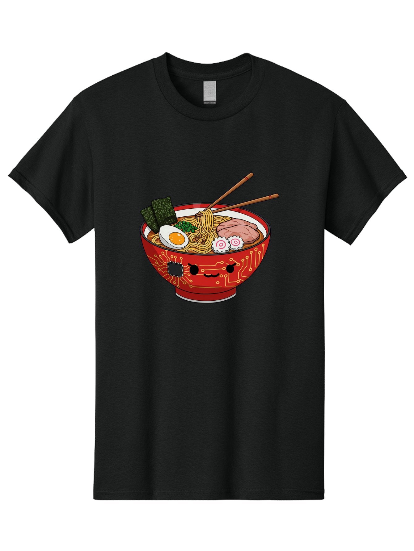 Ramen-With-Circuitry Men'S Graphic Tee, 100% Cotton, Comfortable Casual Summer Wear, Machine Washable, Ramen Bowl, Robot Face, Circuit Board Design, Chopsticks, Boiled Egg, Seaweed, Pork Slices, Narutomaki, Japanese Cuisine, Tech Meets Food, Bae727 12